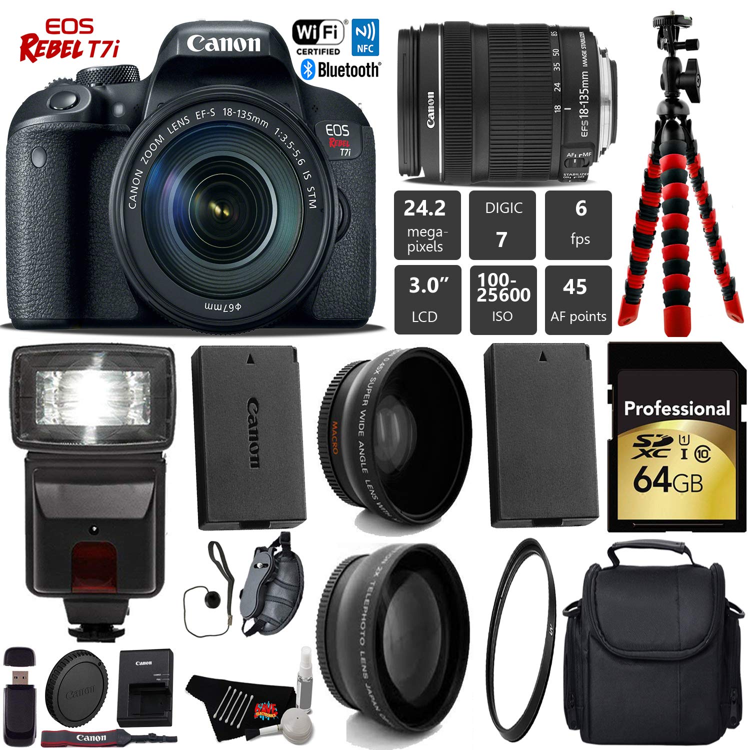 Canon EOS Rebel T7i DSLR Camera with 18-135mm is STM Lens + Flash Bundle 3