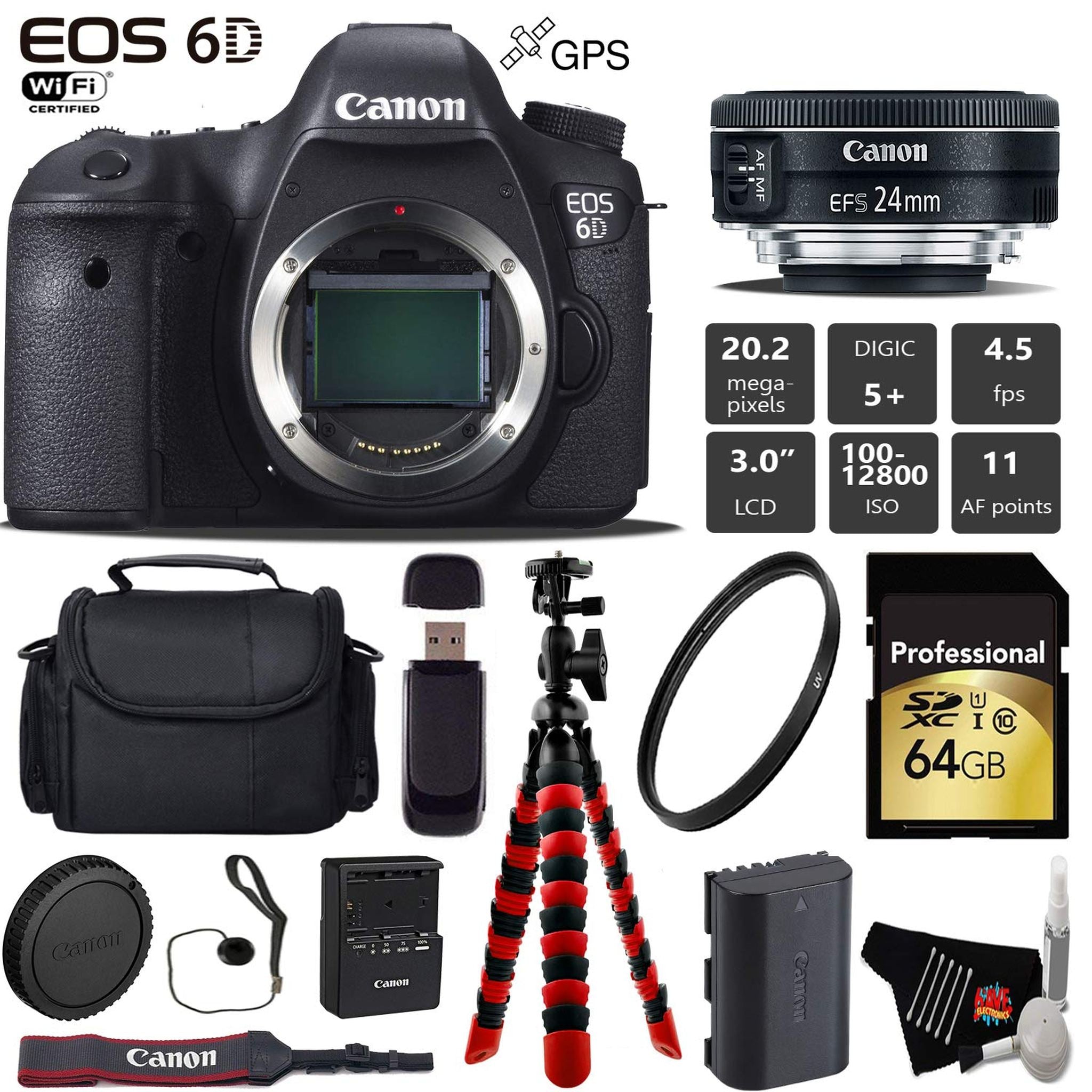 Canon EOS 6D DSLR Camera with 24mm f/2.8 STM Lens + Wireless Remote + UV Protection Filter + Case + Wrist Strap + Tripod Canon