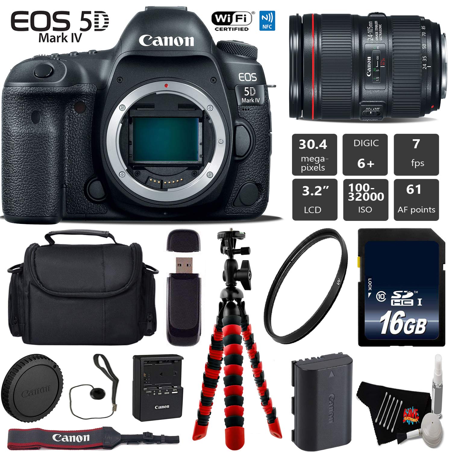 Canon EOS 5D Mark IV DSLR Camera with 24-105mm f/4L II Lens + Wireless Remote + UV Protection Filter + Case + Wrist Strap Base Bundle