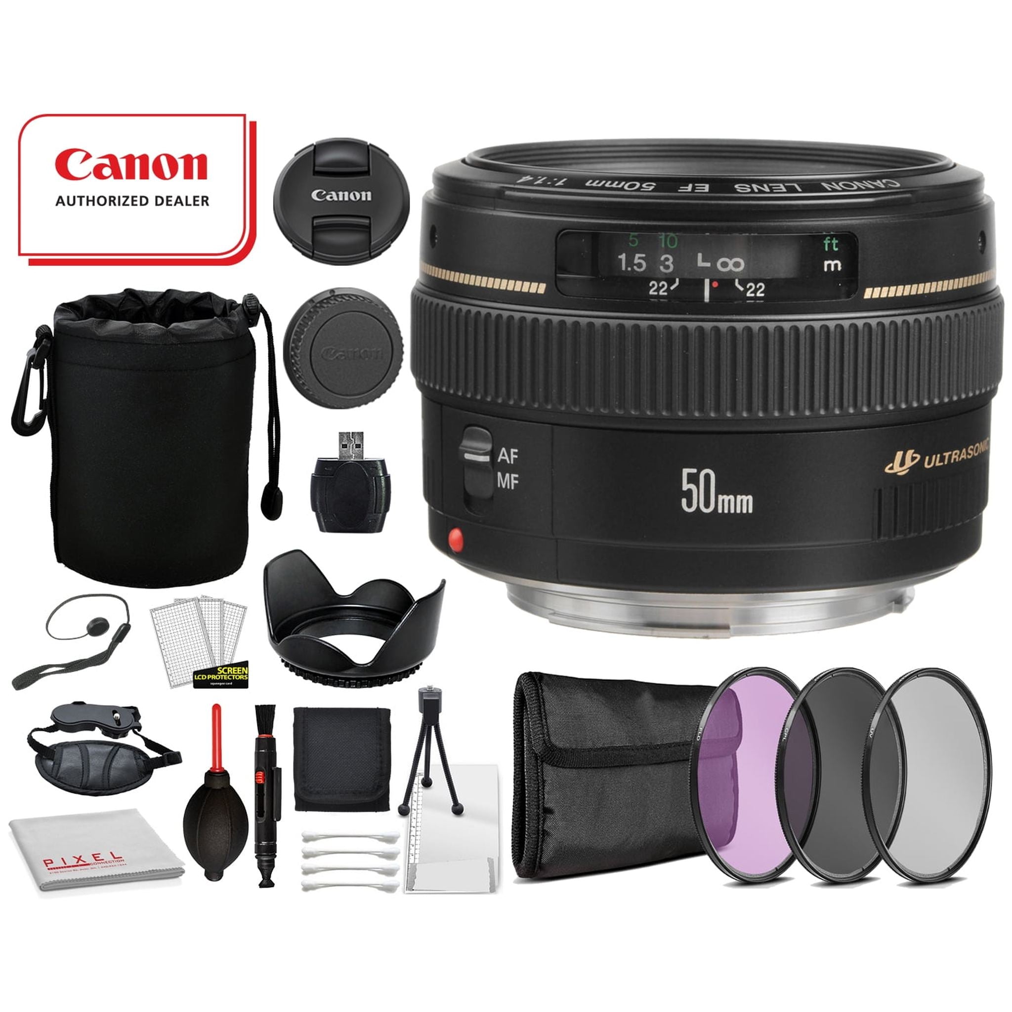 Canon EF 50mm f/1.4 USM Lens 2515A003 Includes: Tulip Lens Hood, 3PC filter Kit, Lens Pouch + More