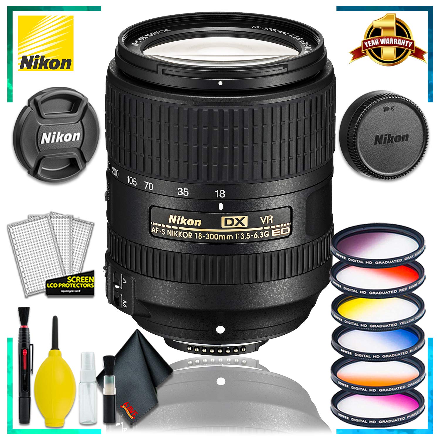 Nikon AF-S DX VR Nikkor 18-300MM Lens (Intl Model) + Vivitar Graduated Color Filter Set + Cleaning Kit