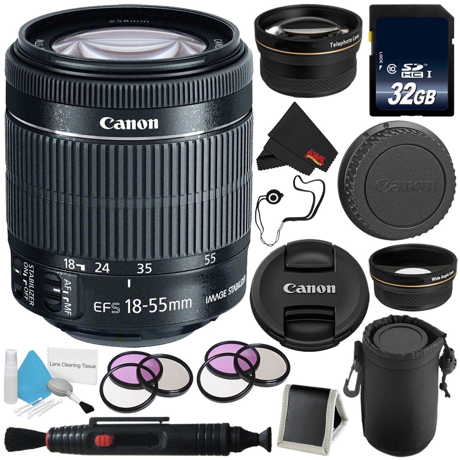Canon EF-S 18-55mm f/3.5-5.6 Lens 8114B002WB + Lens Pen Cleaner + Deluxe Lens Pouch + 58mm 3 Piece Filter Kit + Deluxe Canon