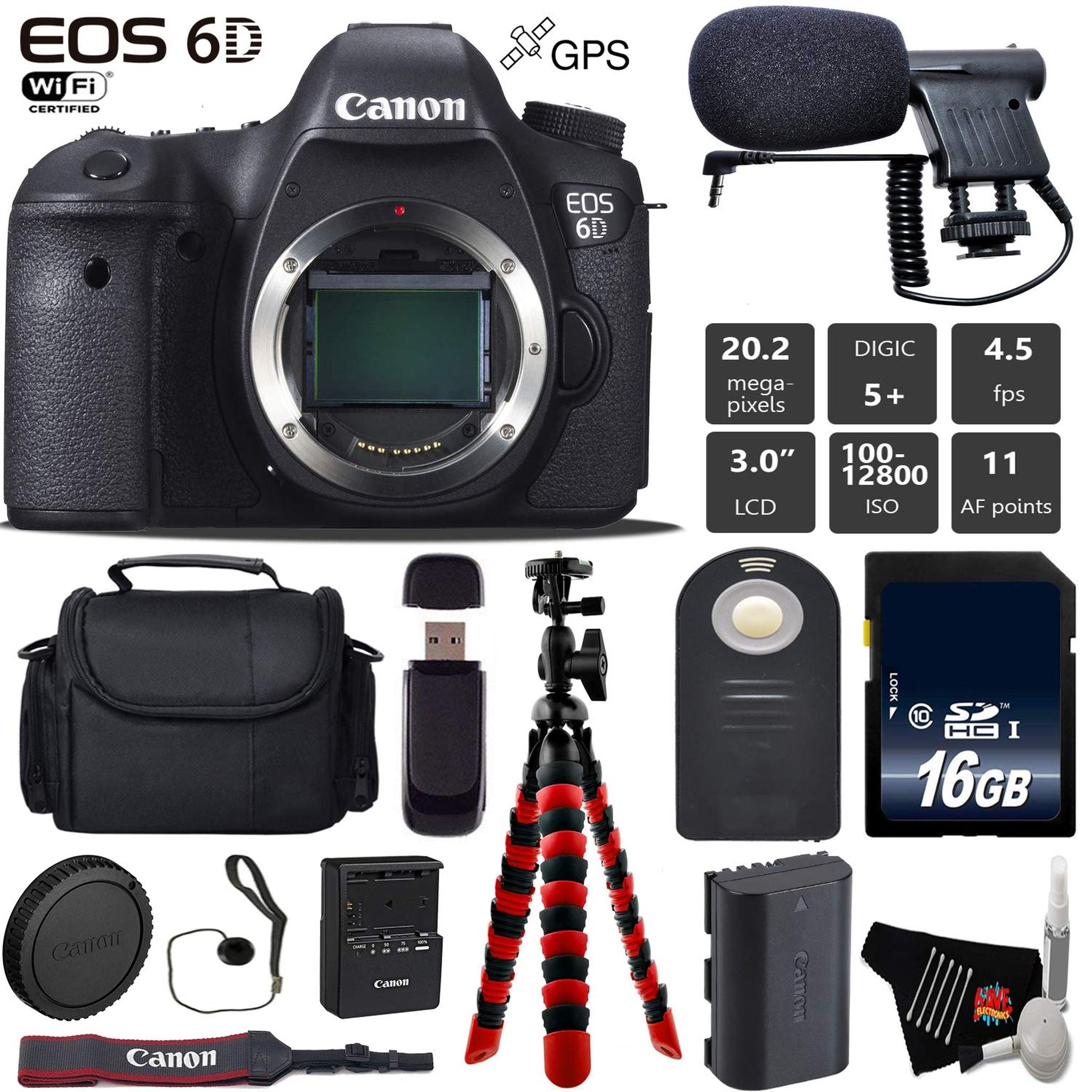 Canon EOS 6D DSLR Camera Body Only + Wireless Remote + Condenser Microphone + Case + Wrist Strap + Tripod + Card Reade Canon