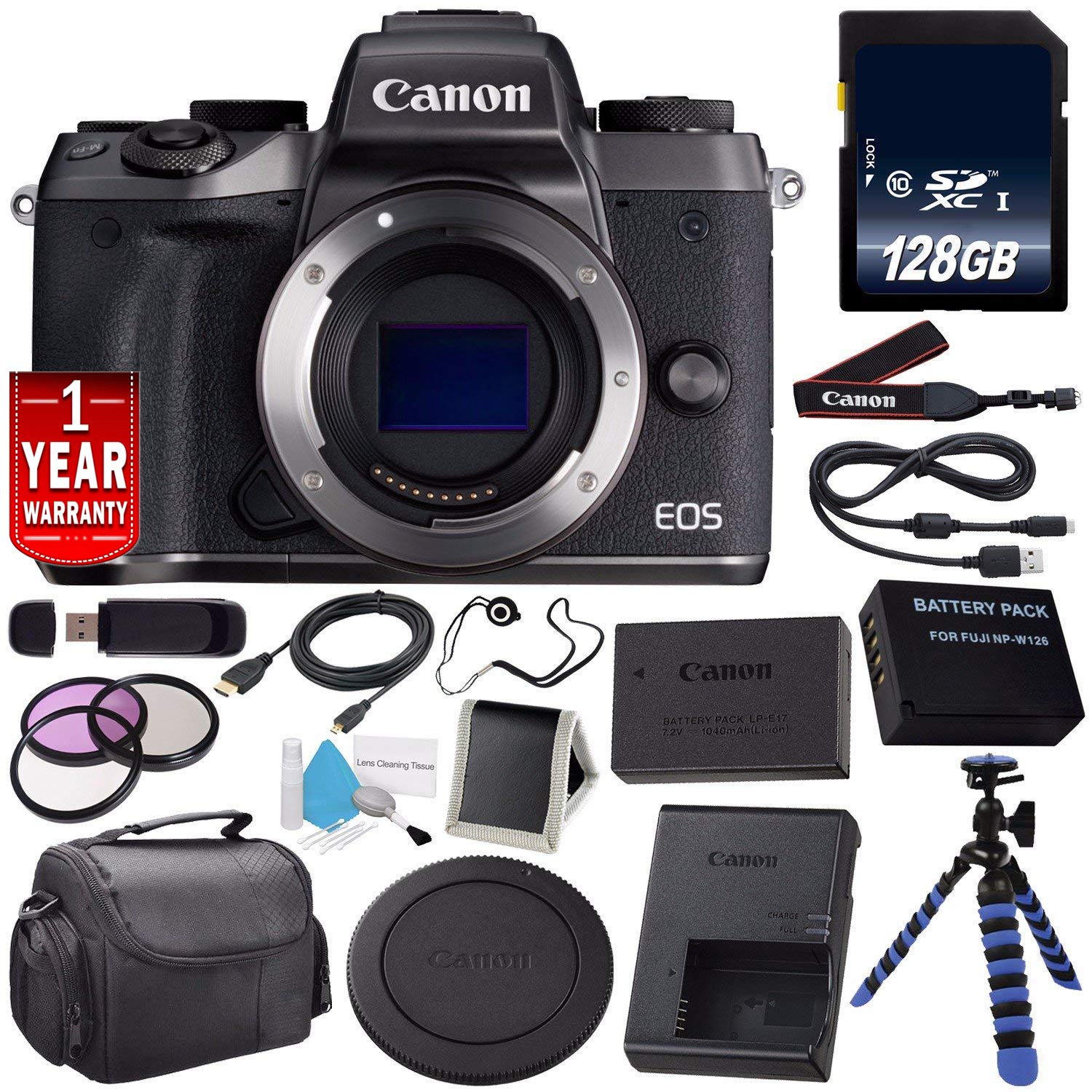 Canon EOS M5 Mirrorless Digital Camera with 15-45mm Lens 1279C011AA (International Model) + 49mm 3 Piece Filter Kit + LP