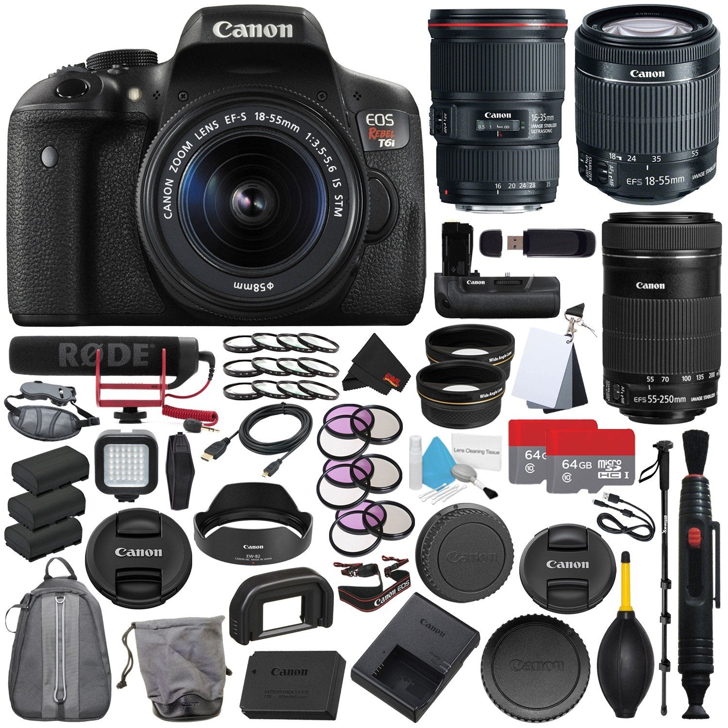 6Ave Canon EOS Rebel T6i DSLR Camera EF-S 18-55mm f/3.5-5.6 is STM Lens 0591C003 + Canon EF 16-35mm f/4L is USM Lens (In