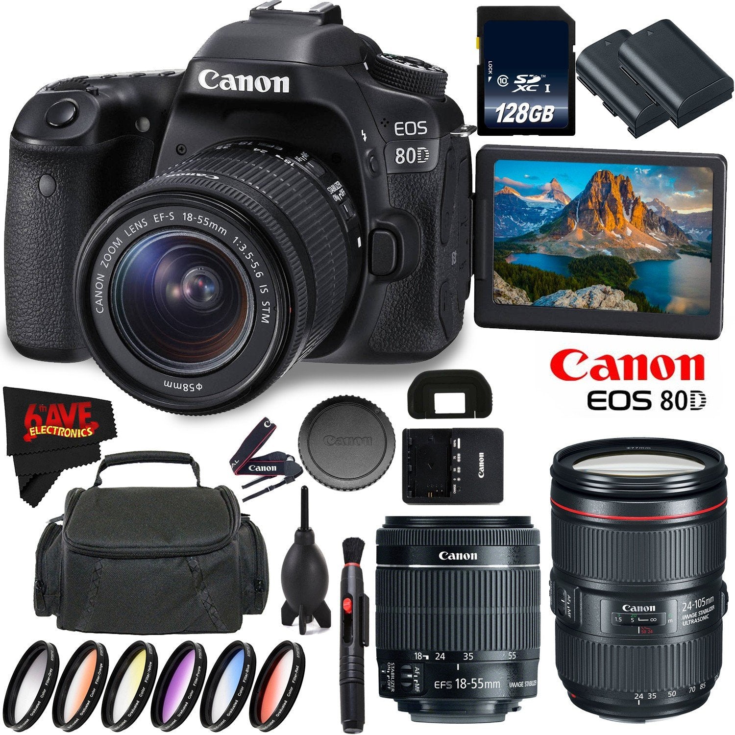 Canon EOS 80D DSLR Camera + 18-55mm Lens + Canon EF 24-105mm f/4L is II USM Lens + 128GB Memory Card International Versi