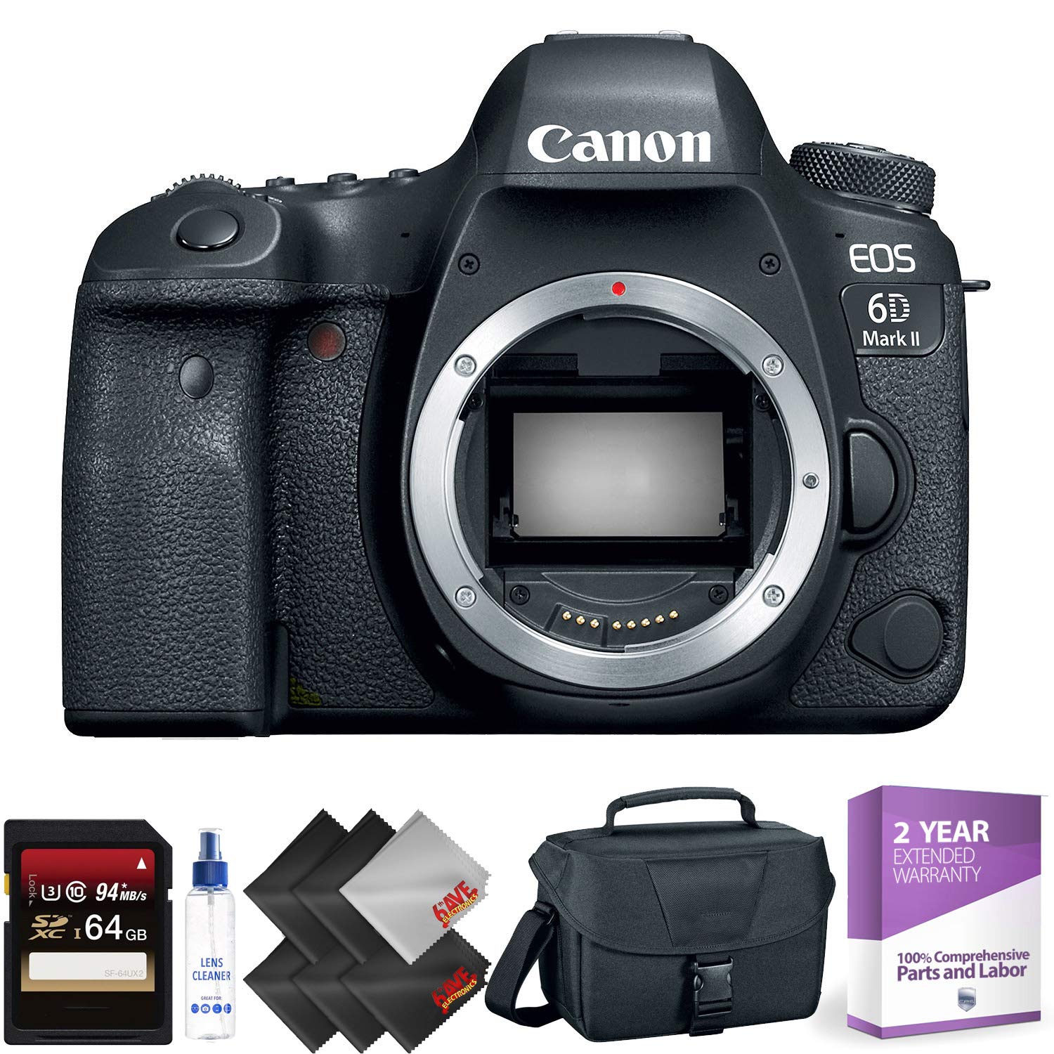 Canon EOS 6D Mark II DSLR Camera (Body Only) + 64GB Memory Card + 2 Year Accidental Warranty Advanced Bundle