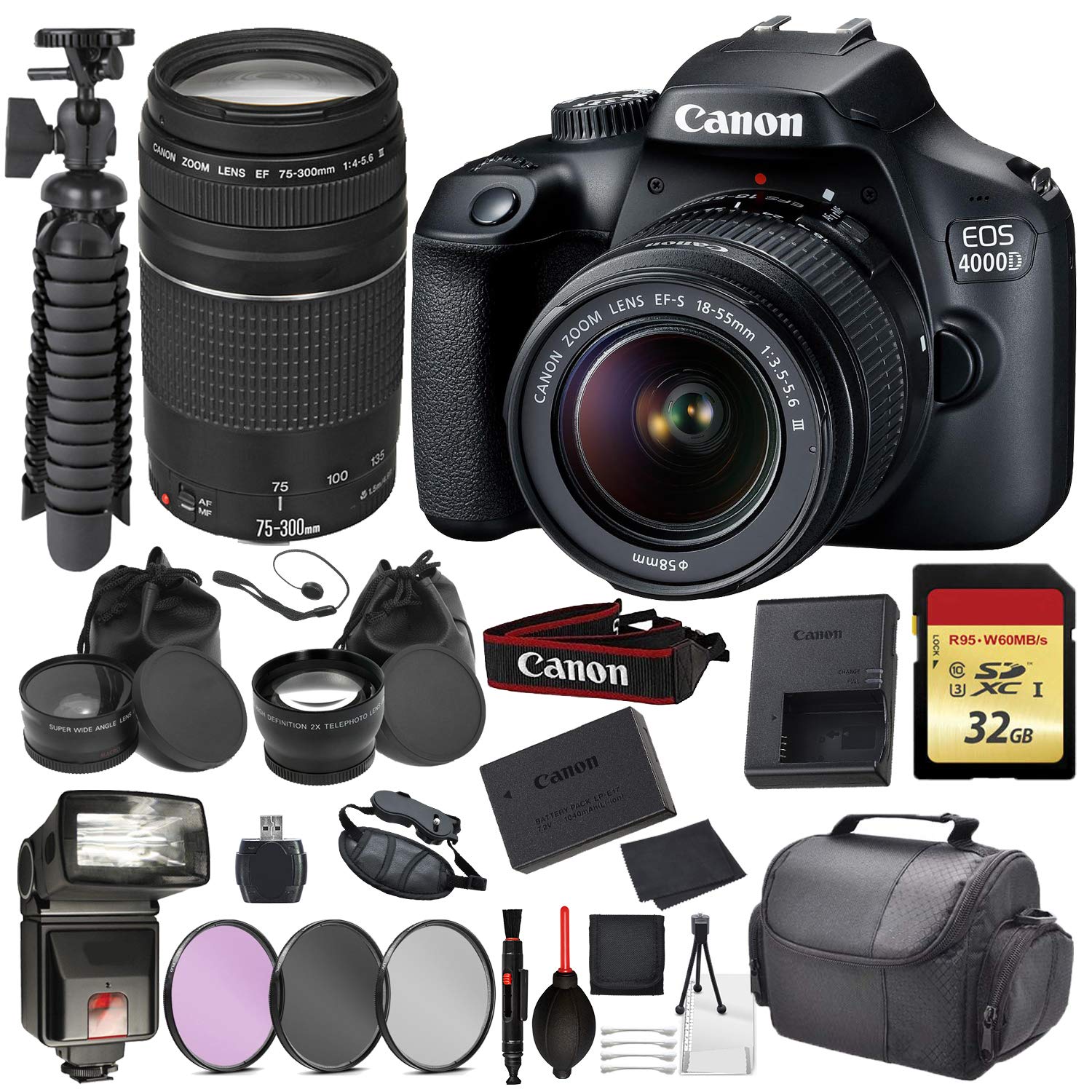 Canon EOS Rebel 4000D Digital SLR Camera with EF-S 18-55mm + EF 75-300mm (Black) Accessory Bundle Package Deal : 32gb SD