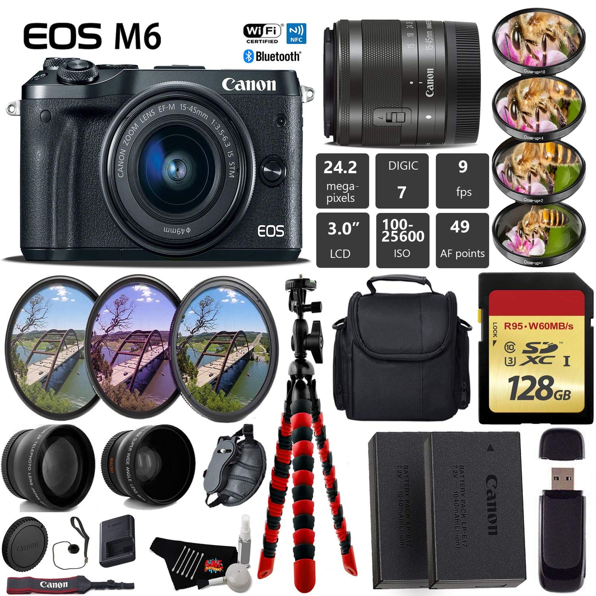 Canon EOS M6 Mirrorless Digital Camera with EF-M 15-45mm IS STM Lens + UV FLD CPL Filter Kit + 4 PC Macro Kit + Wide Ang