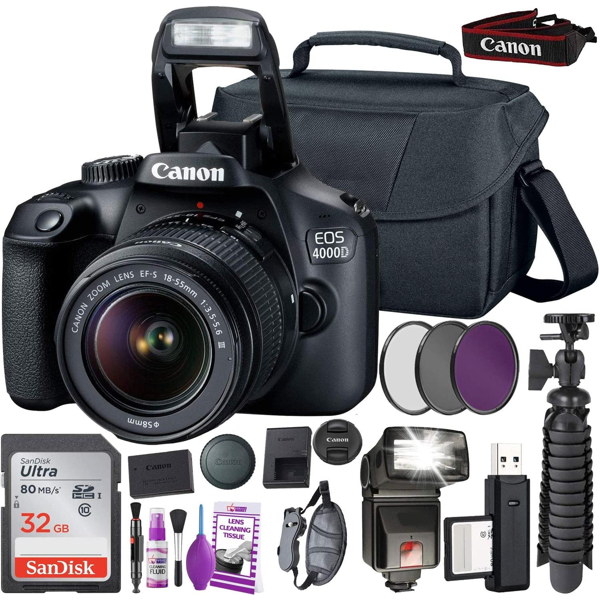 Canon EOS 4000D DSLR Camera and EF-S 18-55 mm f/3.5-5.6 Lens International Version No Warranty + 32GB Memory Card + Camera Bag + MiniTripod