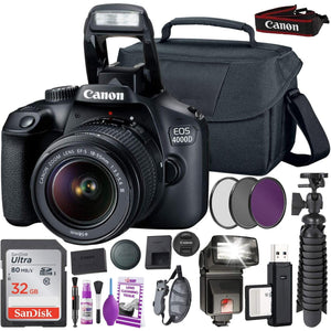 Canon EOS 4000D DSLR Camera and EF-S 18-55 mm f/3.5-5.6 Lens International Version No Warranty + 32GB Memory Card + Camera Bag + MiniTripod