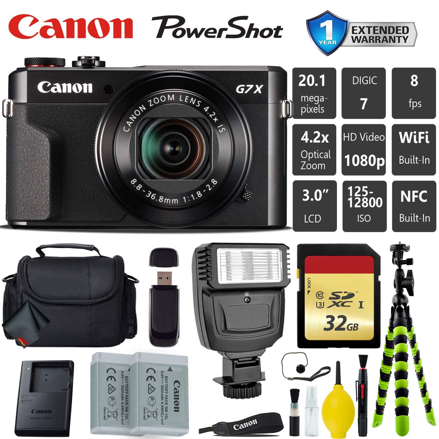 Canon PowerShot G7 X Mark II Point and Shoot Digital Camera + Extra Battery + Digital Flash + Camera Case + 32GB Class 1 Card Pro Bundle