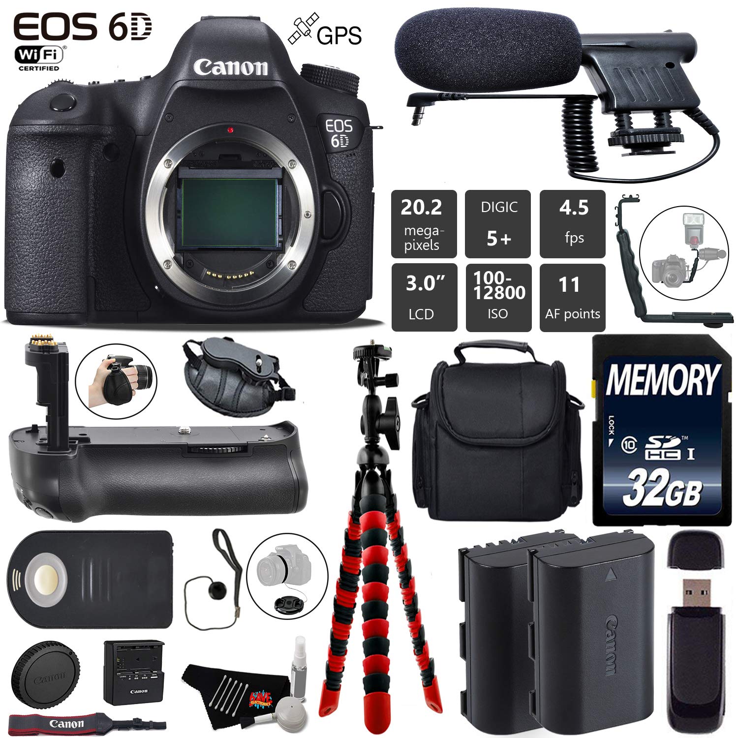 Canon EOS 6D DSLR Camera Body Only + Professional Battery Grip + Condenser Microphone + Extra Battery + Case + Wrist S