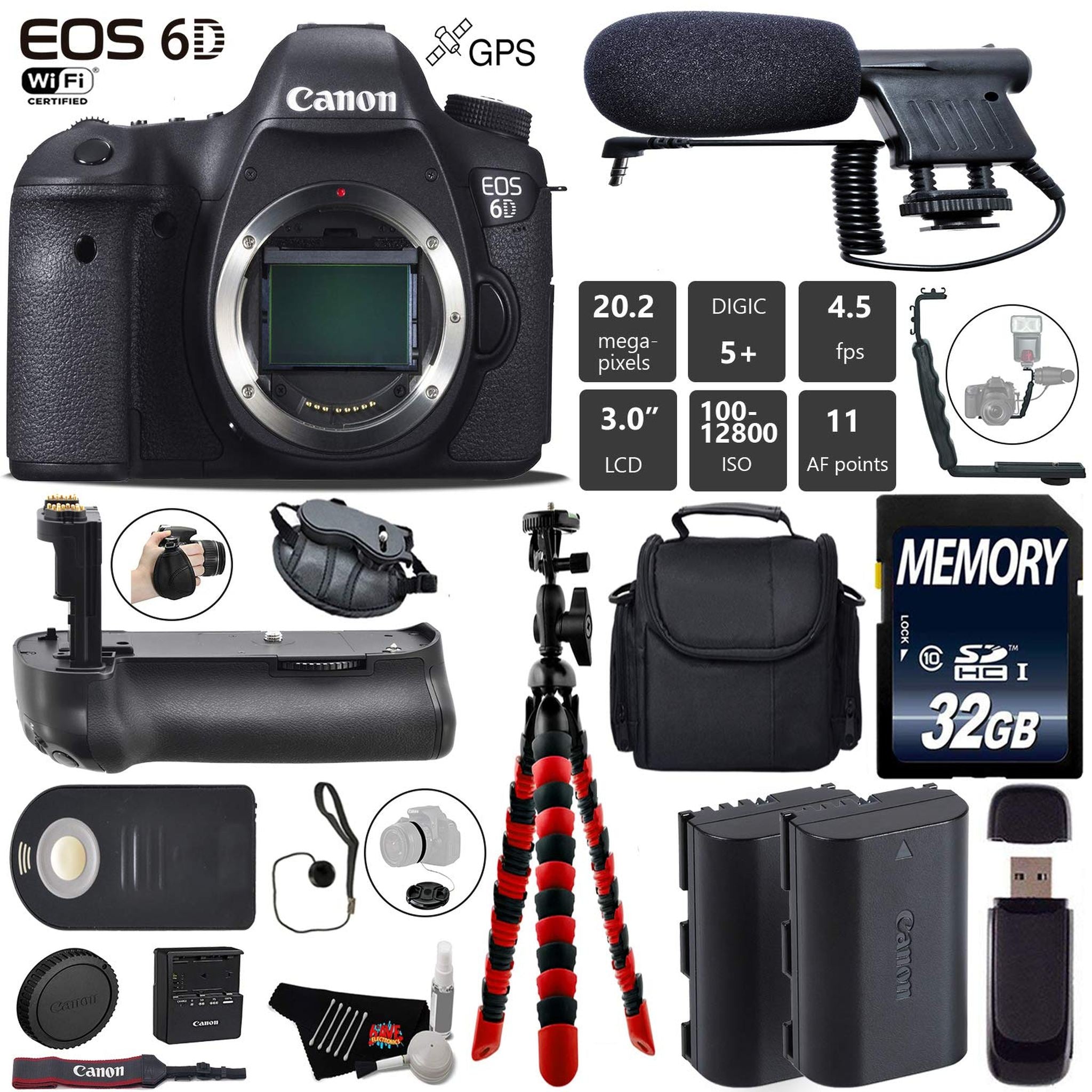 Canon EOS 6D DSLR Camera Body Only + Professional Battery Grip + Condenser Microphone + Extra Battery + Case + Wrist S Canon