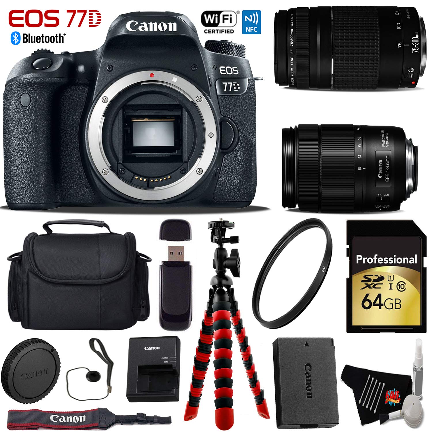 Canon EOS 77D DSLR Camera with 18-135mm is USM Lens & 75-300mm III Lens + Flexible Tripod + UV Protection Filter + Profe