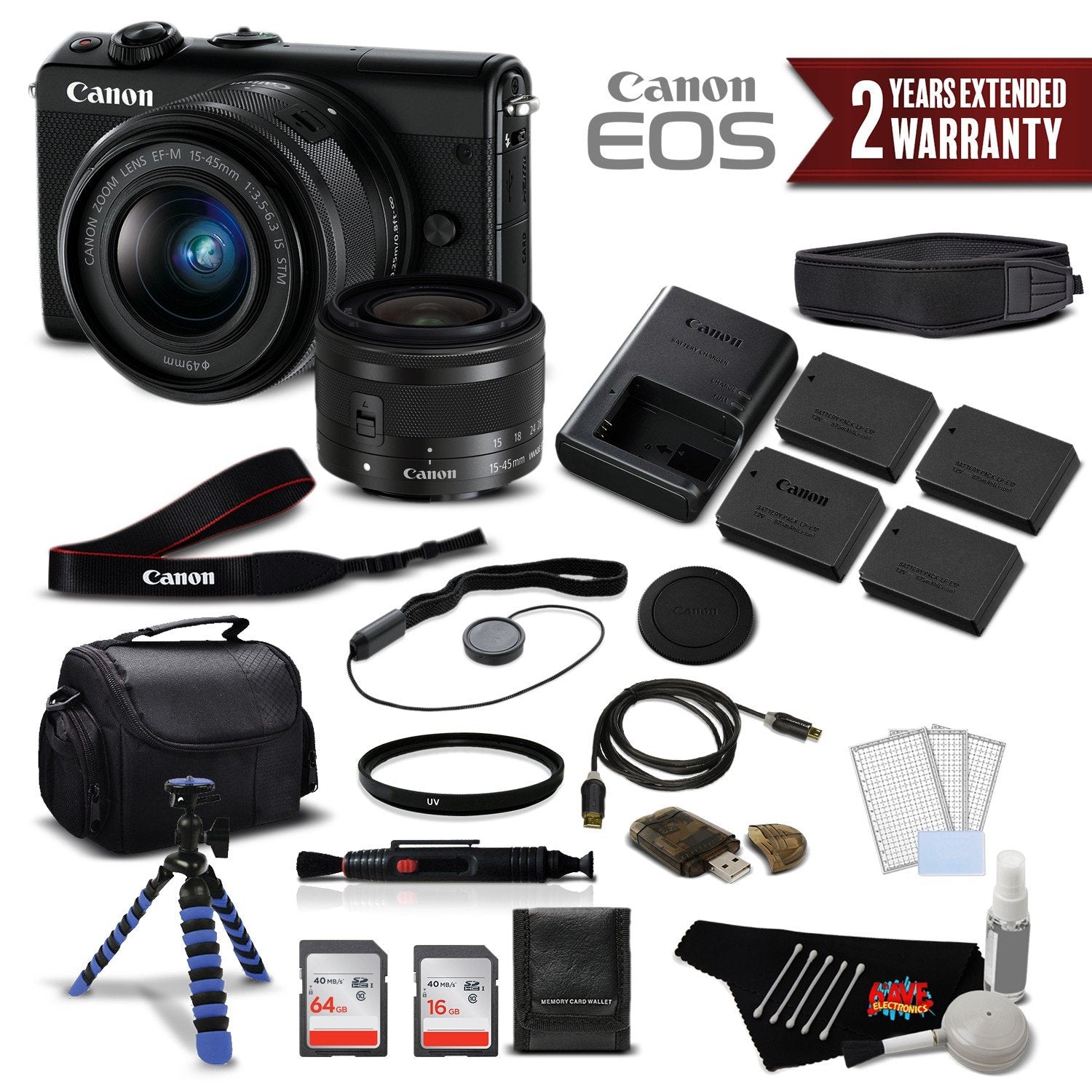 Canon EOS M100 Mirrorless Digital Camera with 15-45mm Lens Black 2209C011 International Version - Premium Bundle