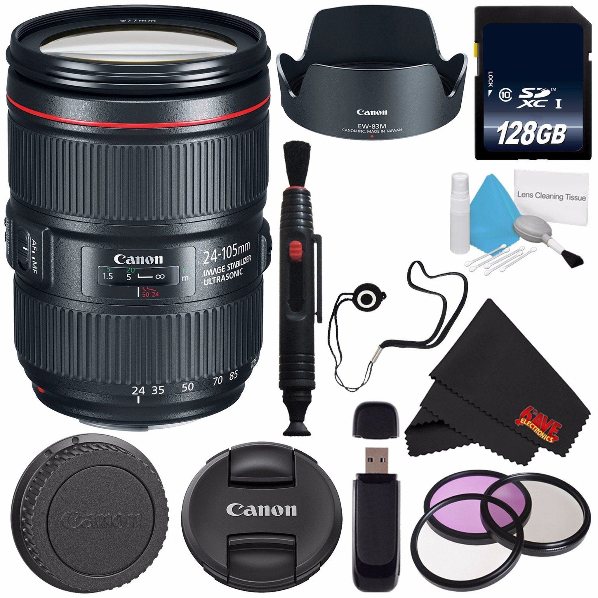 6Ave Canon EF 24-105mm f/4L IS II USM Lens 1380C002 White Box + 77mm 3 Piece Filter Kit + 128GB SDXC Class 10 Memory Card + SD Card USB Reader +