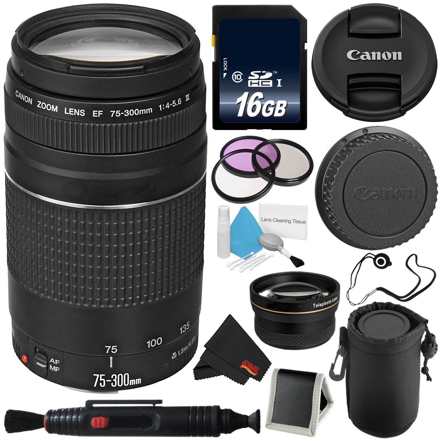 Canon EF 75-300mm f/4-5.6 III Telephoto Zoom Lens 6473A003 + Lens Pen Cleaner + Deluxe Lens Pouch + 58mm 3 Piece Filter Kit + MicroFiber Cloth Bundle