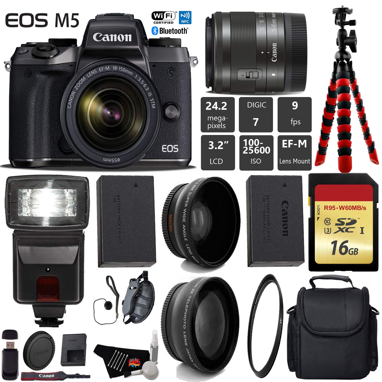 Canon EOS M5 Mirrorless Digital Camera with EF-M 15-45mm is STM Lens + Flash + UV FLD CPL Filter Kit Base Bundle