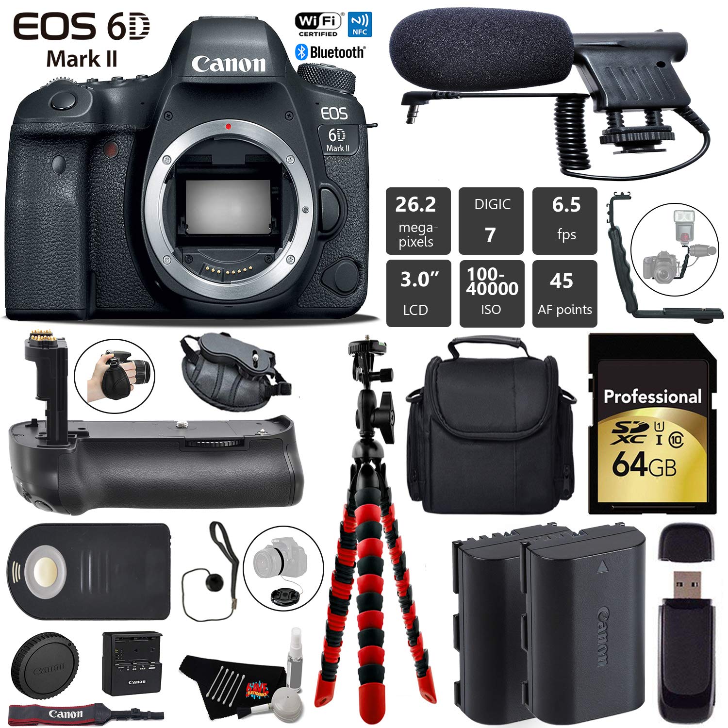 Canon EOS 6D Mark II DSLR Camera (Body Only) + Professional Battery Grip + Condenser Microphone + Extra Battery + Case Pro Bundle