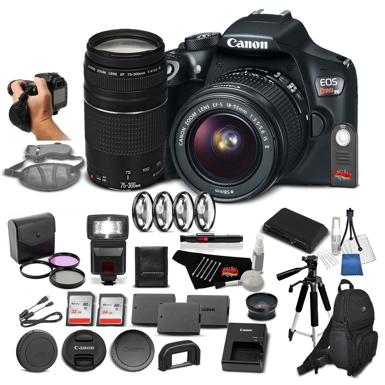 Canon EOS Rebel T6 Digital SLR Camera Bundle with EF-S 18-55mm f/3.5-5.6 IS II Lens + EF 75-300mm f/4-5.6 III Telephoto Zoom Lens + 64GB Memory Card