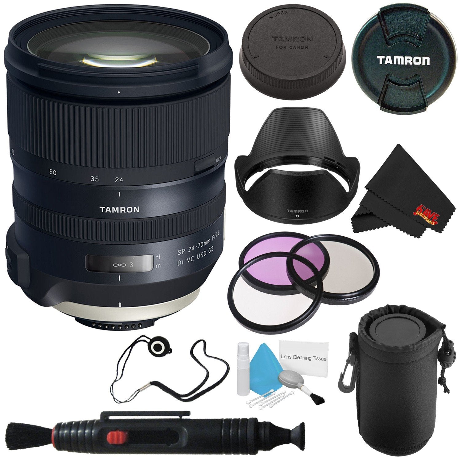 6Ave Tamron SP 24-70mm f/2.8 Di VC USD G2 Lens for Nikon F (International Model) + 82mm 3 Piece Filter Kit + Deluxe Lens