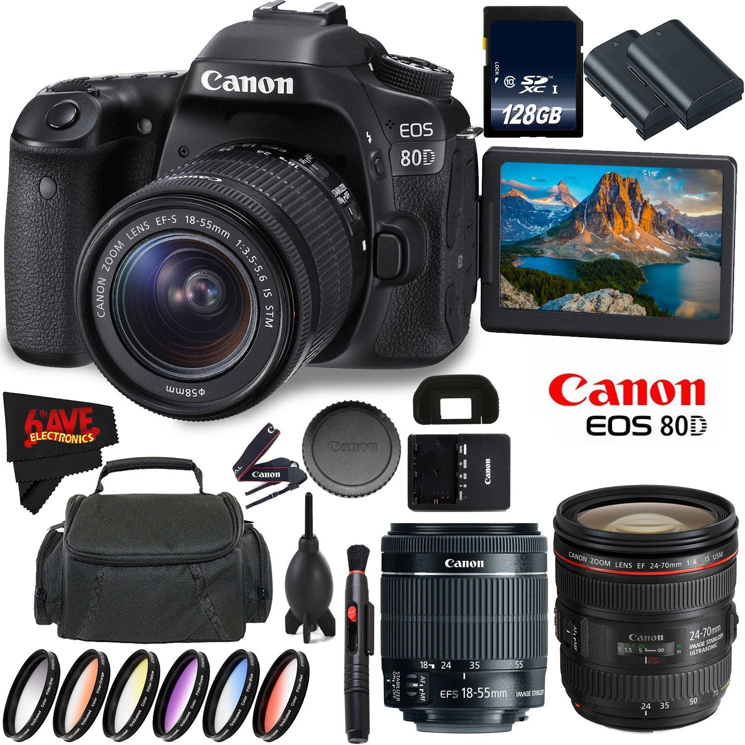 Canon EOS 80D DSLR Camera + 18-55mm Lens + Canon EF 24-70mm f/4L is USM Lens + 128GB Memory Card International Version