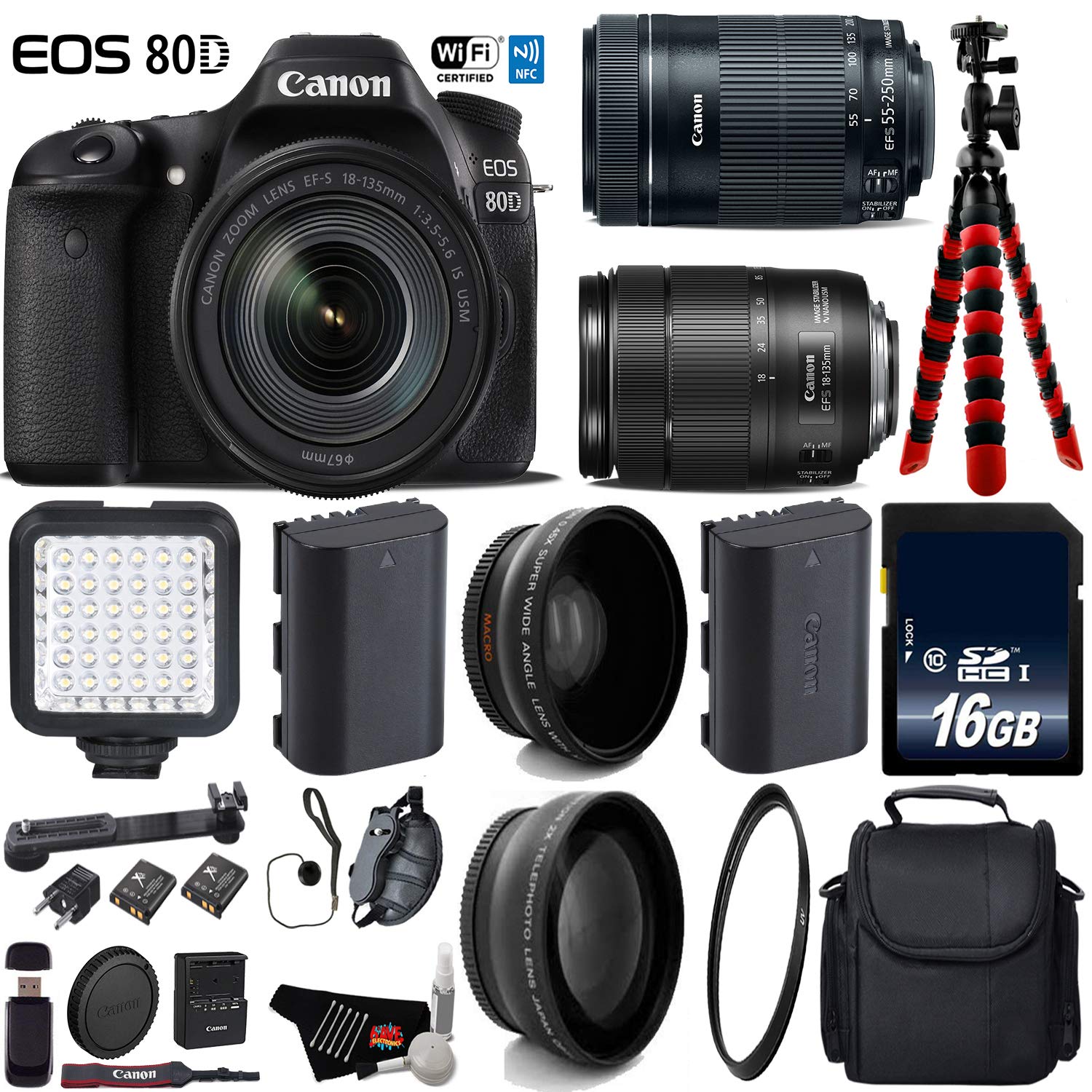 Canon EOS 80D DSLR Camera with 18-135mm STM Lens & 55-250mm is STM Lens + LED + UV FLD CPL Filter Kit Advanced Bundle