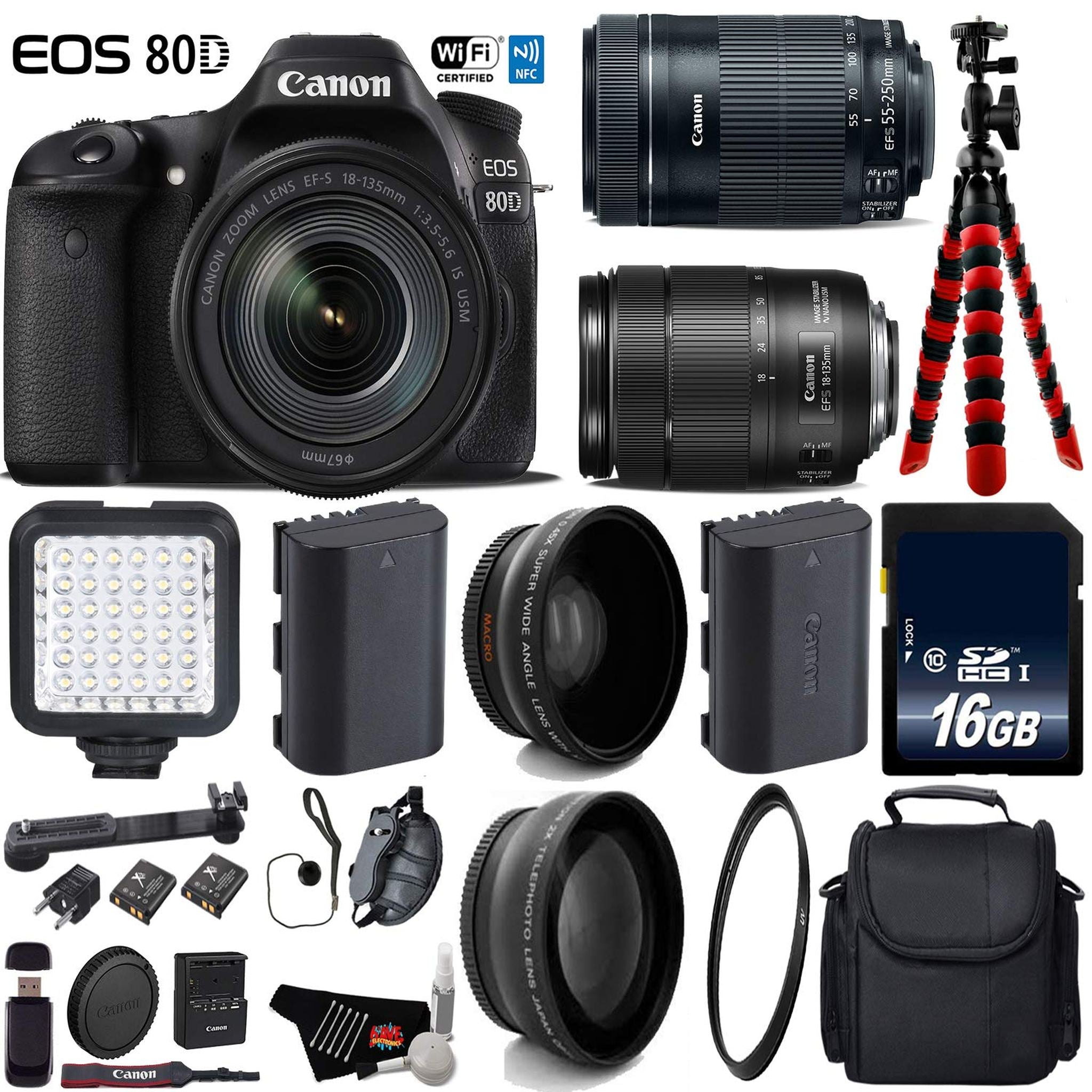 Canon EOS 80D DSLR Camera with 18-135mm STM Lens & 55-250mm is STM Lens + LED + UV FLD CPL Filter Kit Advanced Bundle Canon