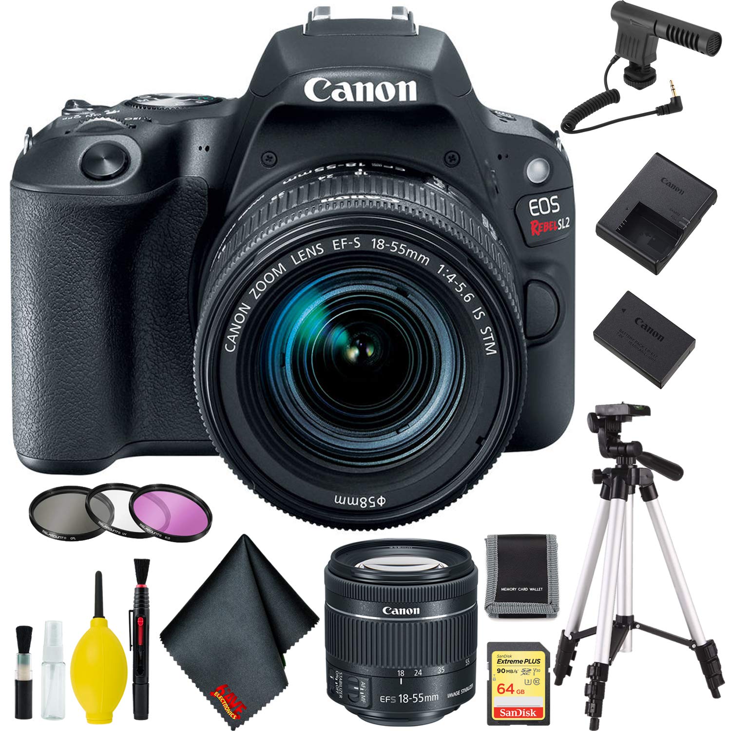 Canon EOS Rebel SL2 DSLR Camera with 18-55mm Lens (Black) w/Microphone