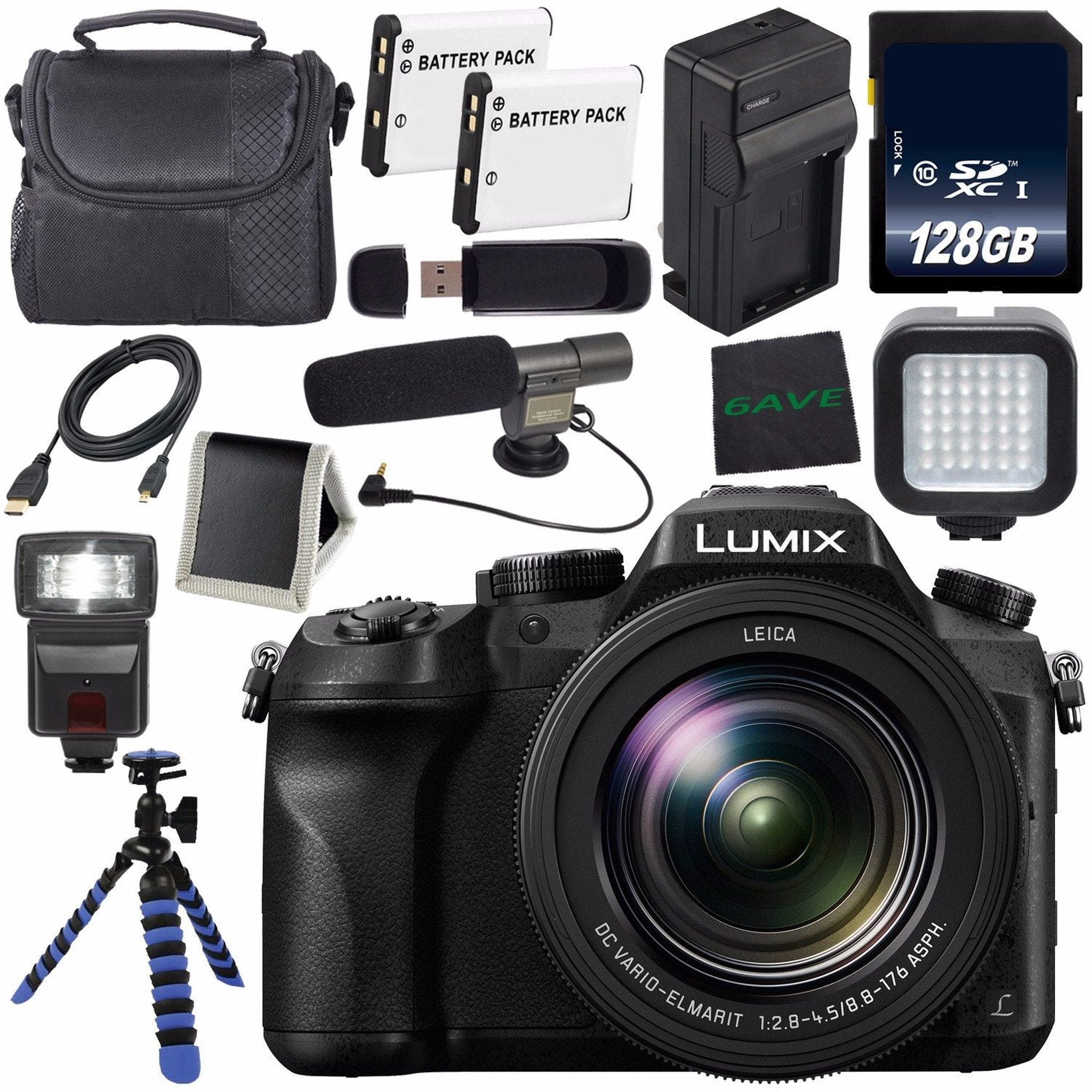 Panasonic Lumix DMC-FZ2500 Digital Camera International Model + Lithium Ion Battery + Charger + LED Light + 128GB SDXC
