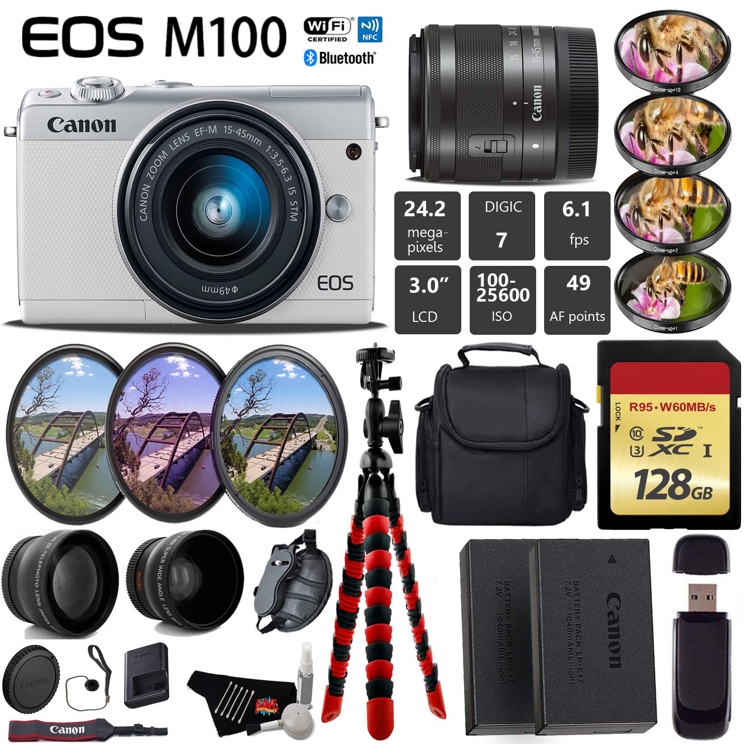 Canon EOS M100 Mirrorless Digital Camera White with 15-45mm Lens Outdoor Bundle