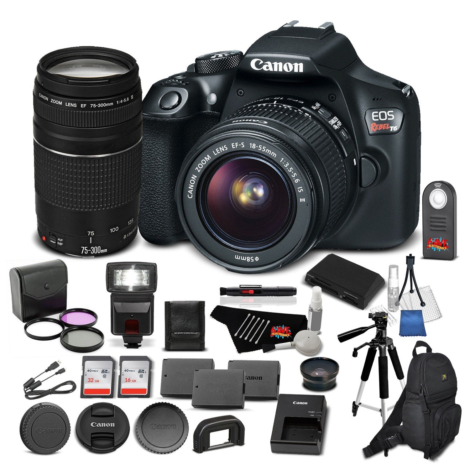 Canon EOS Rebel T6 Digital SLR Camera Bundle with EF-S 18-55mm f/3.5-5.6 IS II Lens + EF 75-300mm f/4-5.6 III Telephoto Zoom Lens + More