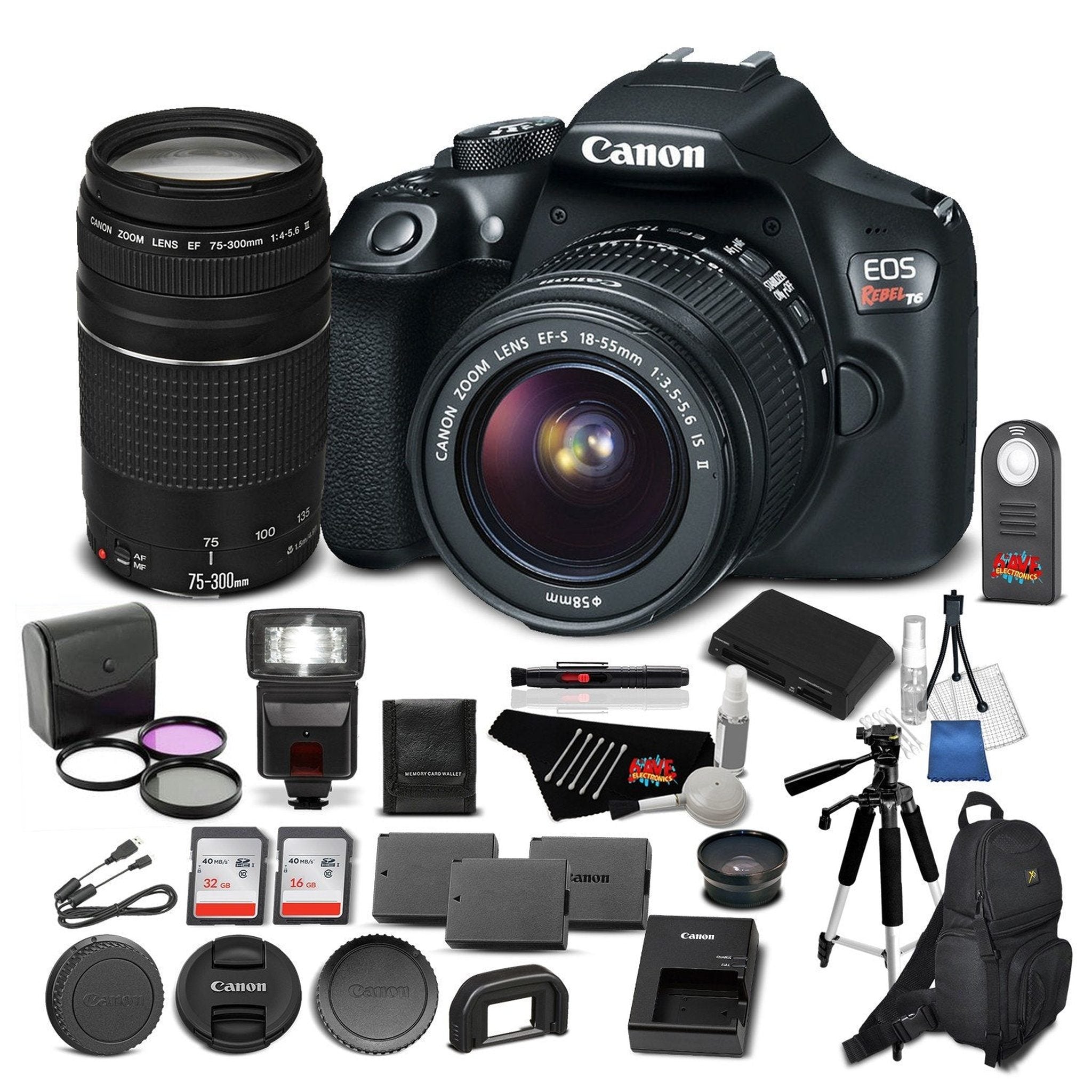 Canon EOS Rebel T6 Digital SLR Camera Bundle with EF-S 18-55mm f/3.5-5.6 is II Lens + EF 75-300mm f/4-5.6 III Telephoto Zoom Lens + More - Used Canon