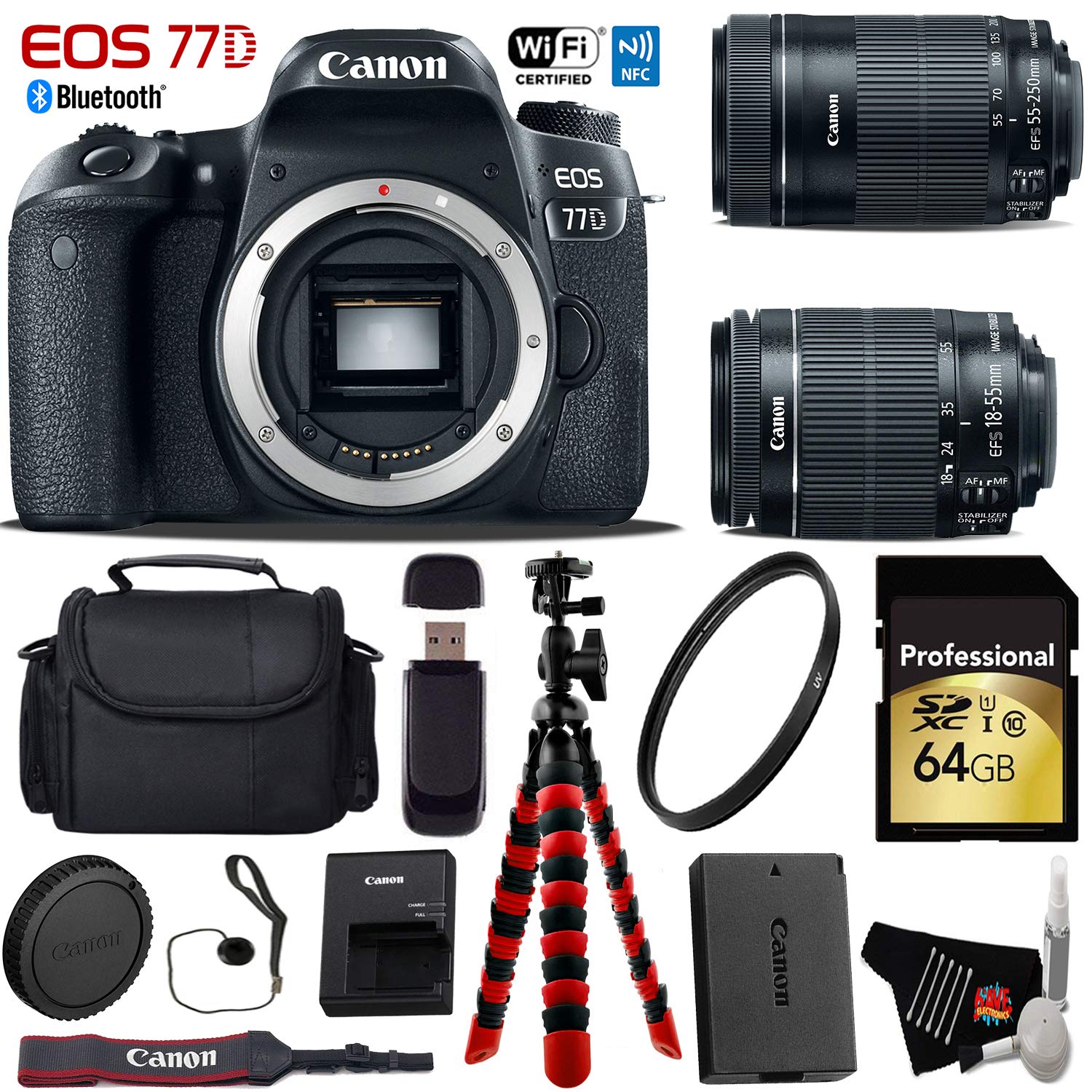 Canon EOS 77D DSLR Camera with 18-55mm is STM Lens & 55-250mm is STM Lens + Flexible Tripod + UV Protection Filter + Pro