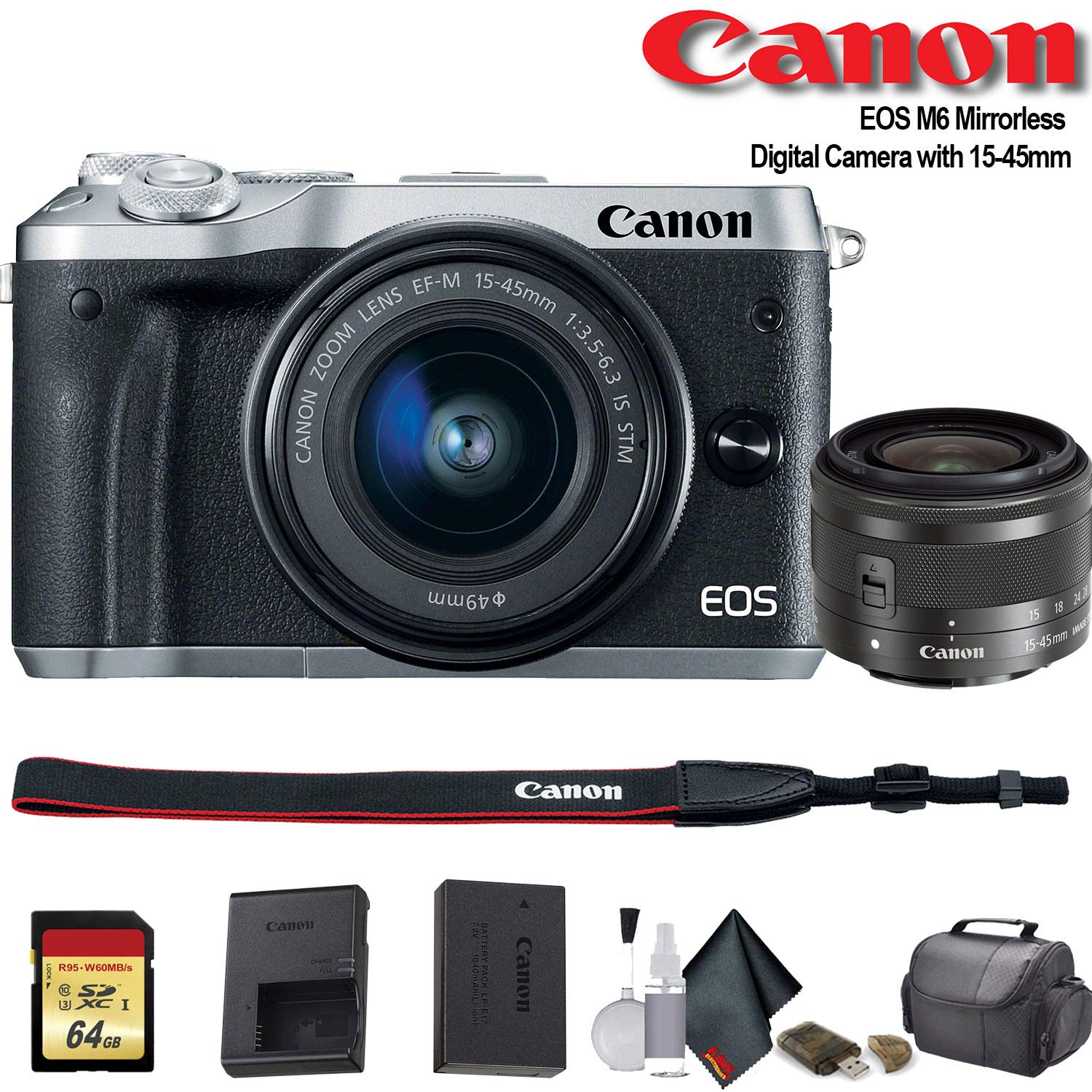 Canon EOS M6 Mirrorless Digital Camera with 15-45mm Lens International Model Silver 1725C011 - Starter Bundle