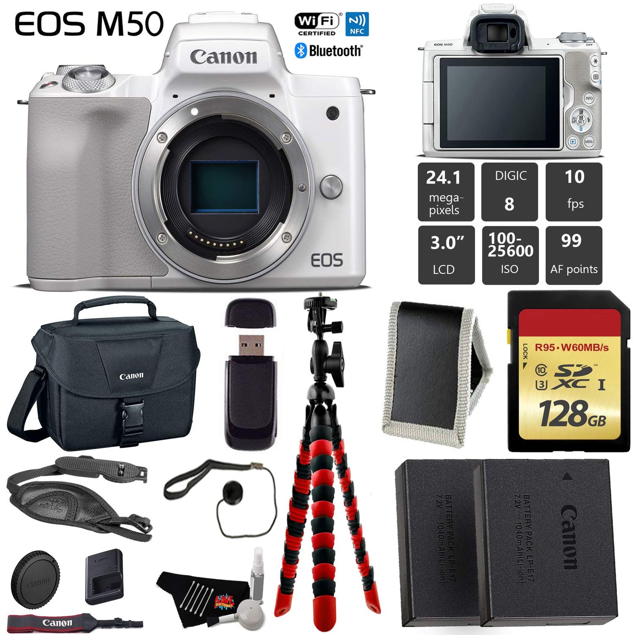 Canon EOS M50 Mirrorless Digital Camera White, Body Only + 128GB Class 10 Memory Card + LED + Canon Camera Case + Flex