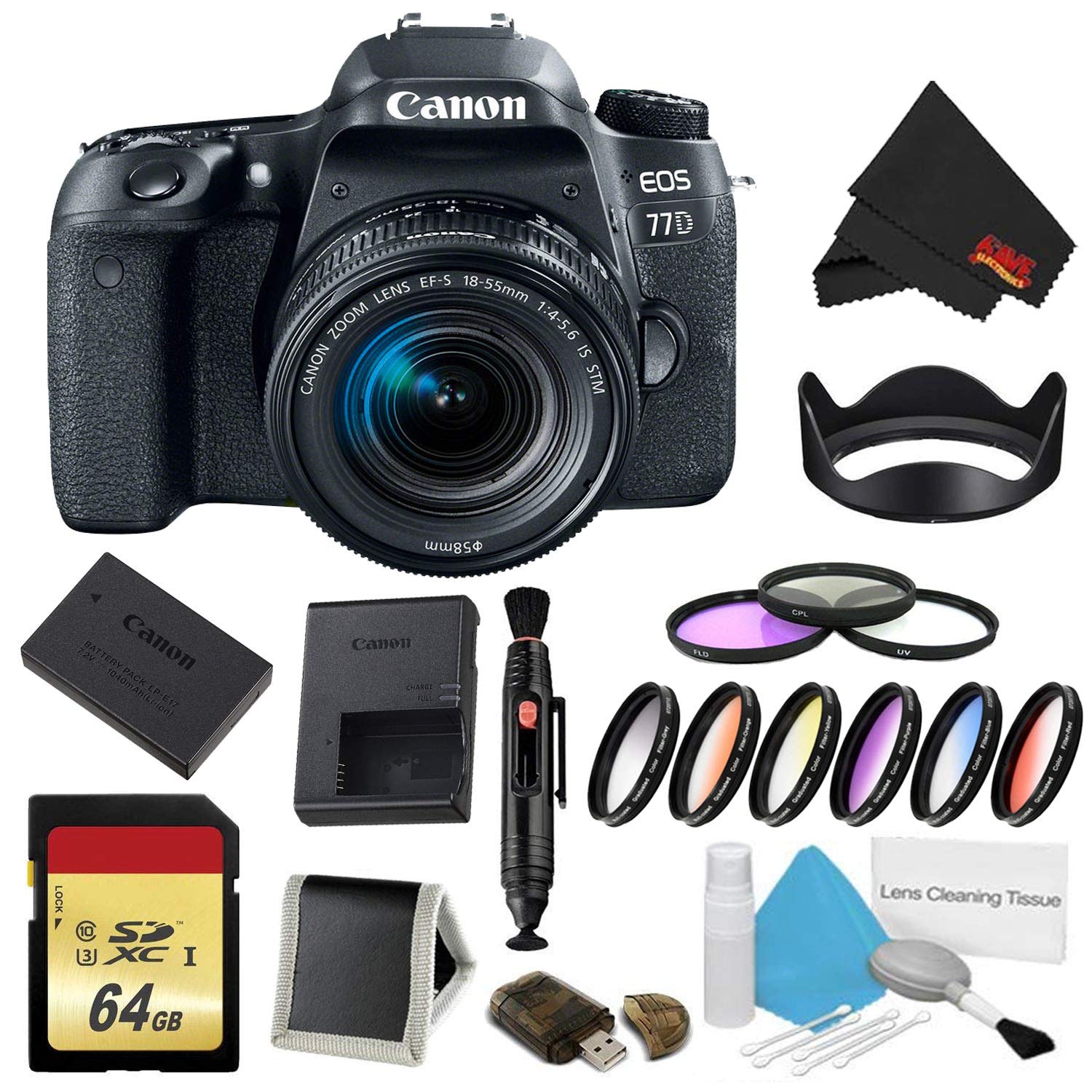 Canon EOS 77D DSLR Camera 18-55mm Lens Bundle w/ 9 Piece Filter & Memory Kit International Model