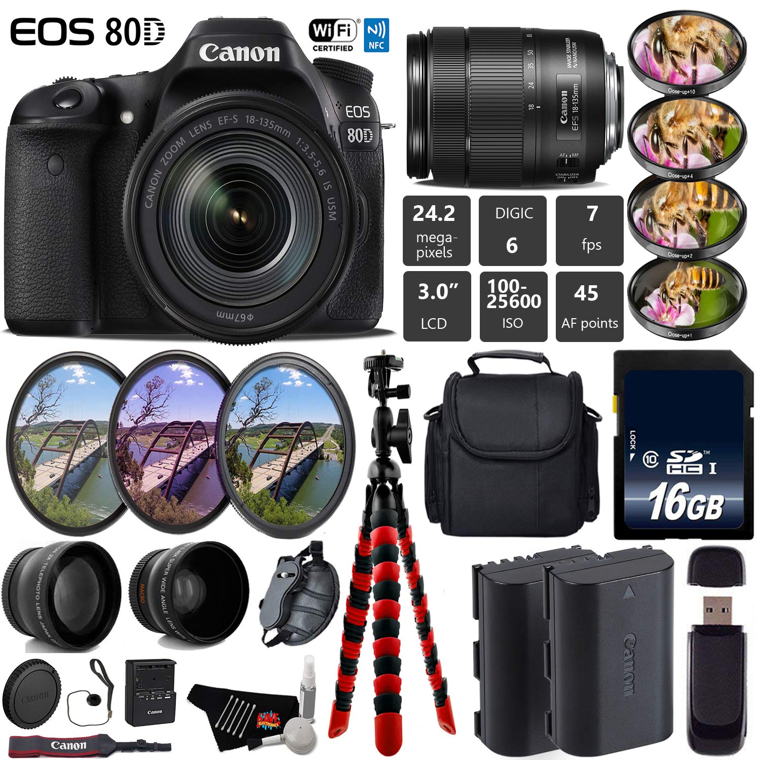 Canon EOS 80D DSLR Camera with 18-135mm is STM Lens + UV FLD CPL Filter Kit + 4 PC Macro Kit + Wide Angle & Telephoto Lens Base Bundle