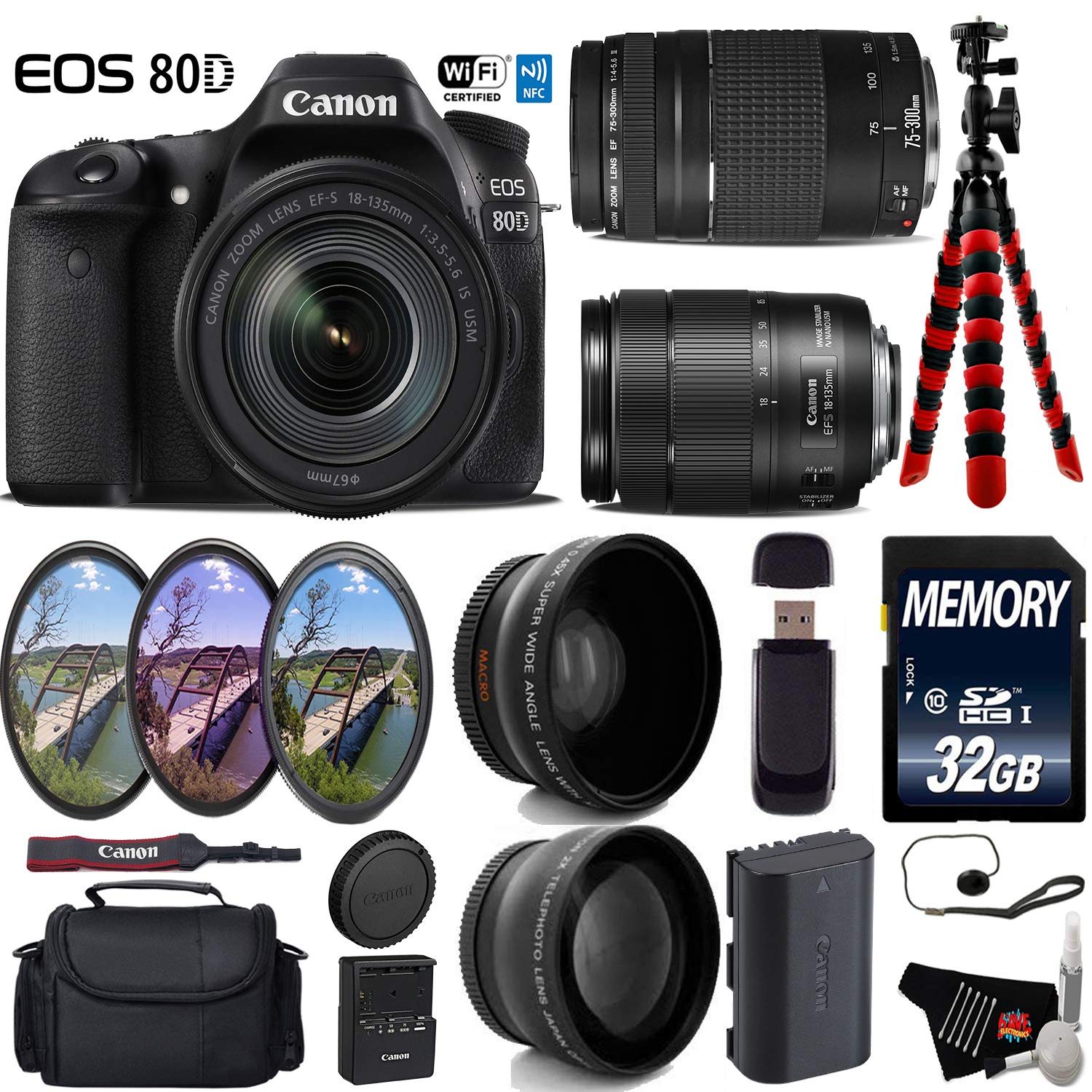 Canon EOS 80D DSLR Camera with 18-135mm is STM Lens & 75-300mm III Lens + UV FLD CPL Filter Kit Ultimate Bundle