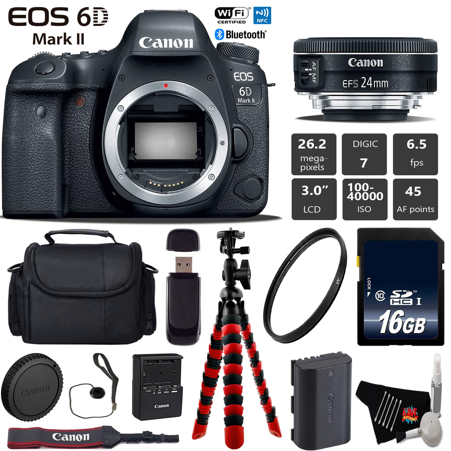 Canon EOS 6D Mark II DSLR Camera with 24mm f/2.8 STM Lens + Wireless Remote + UV Protection Filter + Case + Wrist Strap Base Bundle