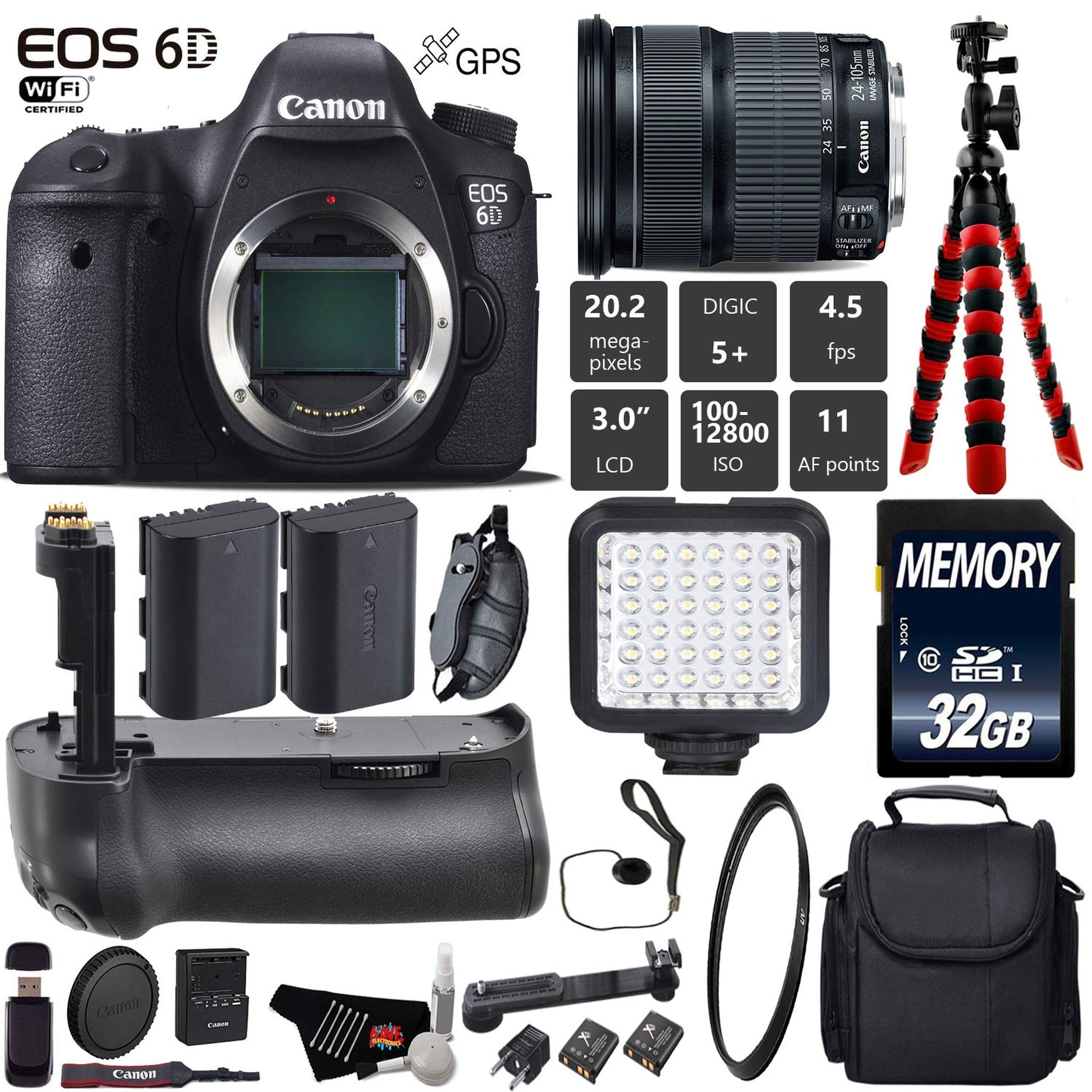 Canon EOS 6D DSLR Camera with 24-105mm is STM Lens + Professional Battery Grip + UV Protection Filter + LED Kit + Extra Canon