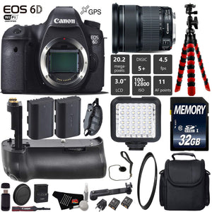 Canon EOS 6D DSLR Camera with 24-105mm is STM Lens + Professional Battery Grip + UV Protection Filter + LED Kit + Extra Canon