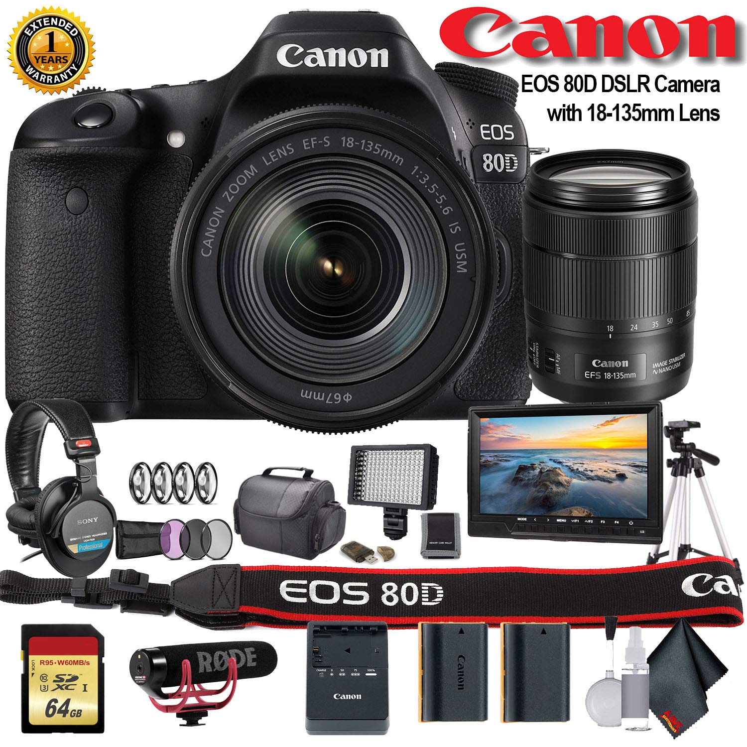 Canon EOS 80D DSLR Camera with 18-135mm Lens (1263C006) W/Bag, Extra Battery, LED Light, Mic, Filters, Tripod, Monitor a