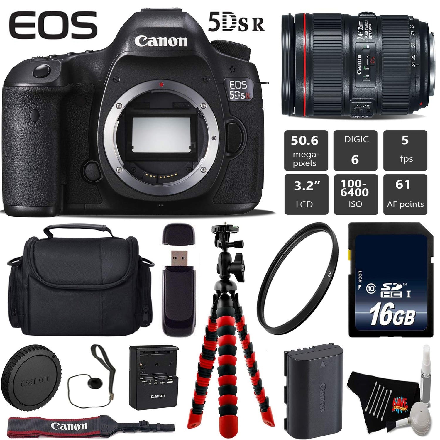 Canon EOS 5DS R DSLR Camera with 24-105mm f/4L II Lens + Wireless Remote + UV Protection Filter + Case + Wrist Strap + T