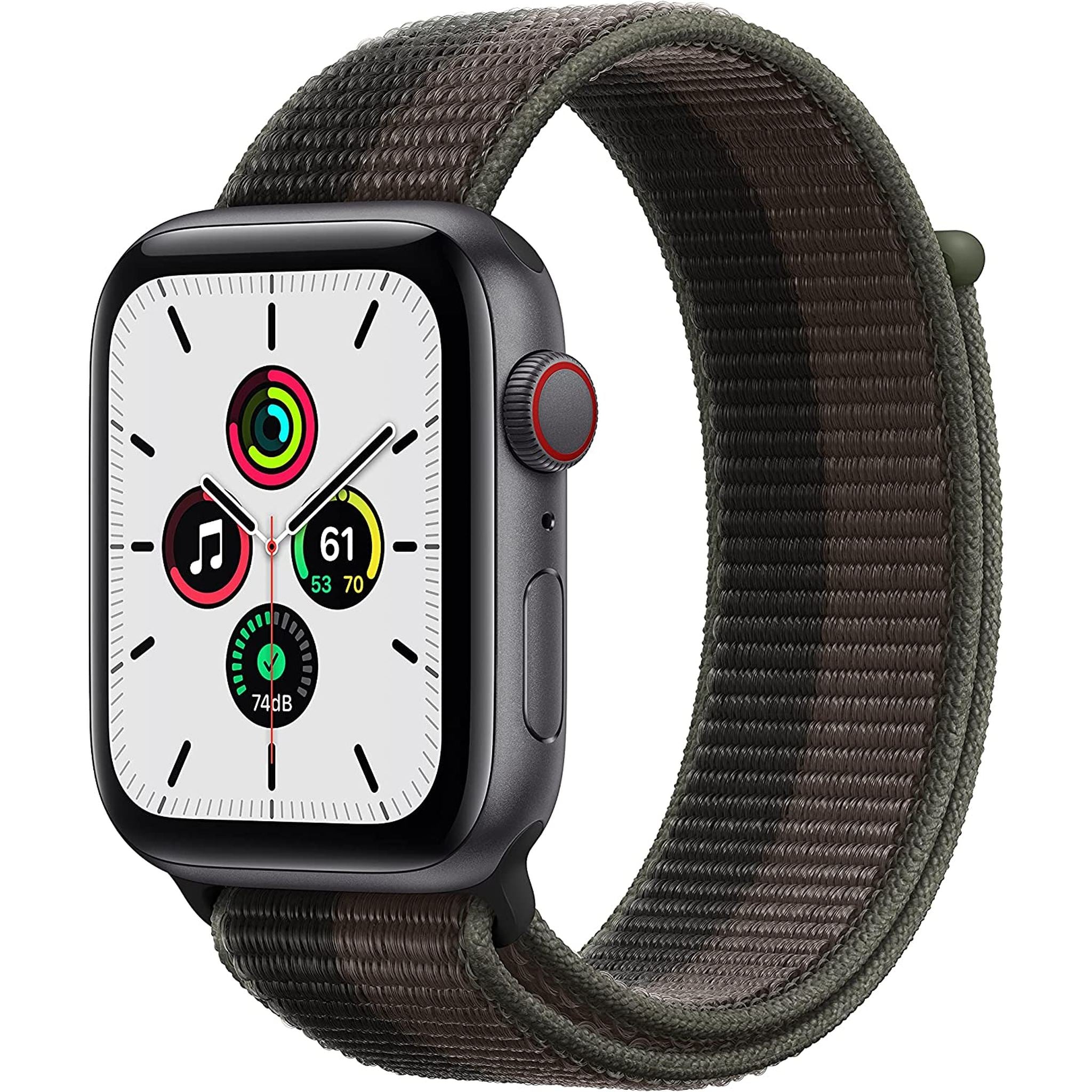 Apple Watch SE 1st Generation GPS + Cellular Smartwatch with 44mm Space Gray Aluminum Case and Tornado Gray/Wolf Gray Sport Loop. Waterproof - Used Apple