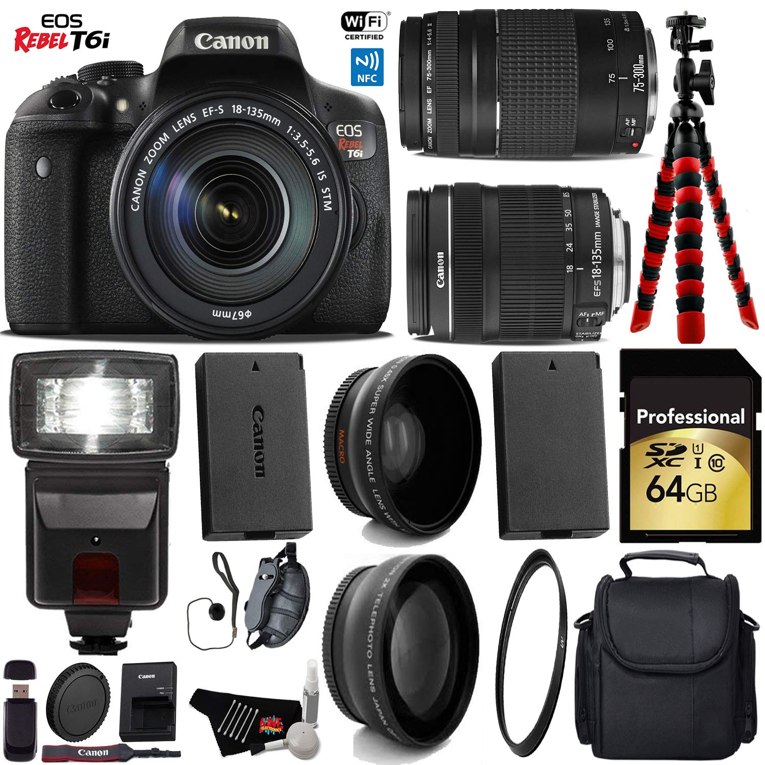 Canon EOS Rebel T6i DSLR Camera 18-135mm is STM Lens & 75-300mm III Lens + Flash + UV FLD CPL Filter Kit + Wide Angle &