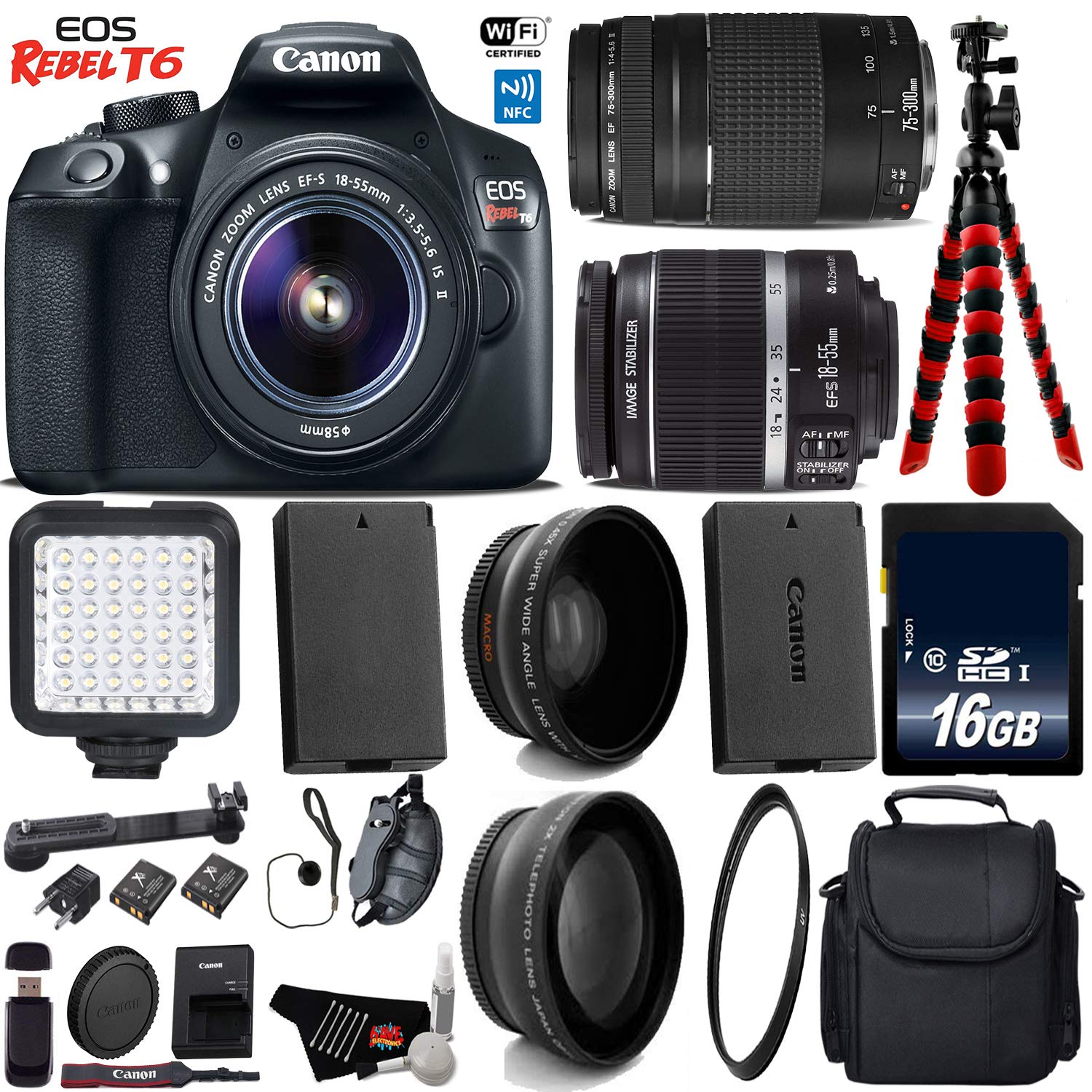 Canon EOS Rebel T6 DSLR Camera 18-55mm is II Lens & 75-300mm III Lens + LED + UV FLD CPL Filter Kit Base Bundle