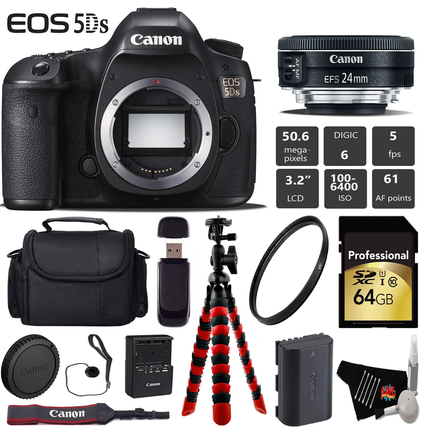 Canon EOS 5DS DSLR Camera with 24mm f/2.8 STM Lens + Wireless Remote + UV Protection Filter + Case + Wrist Strap Pro Bundle