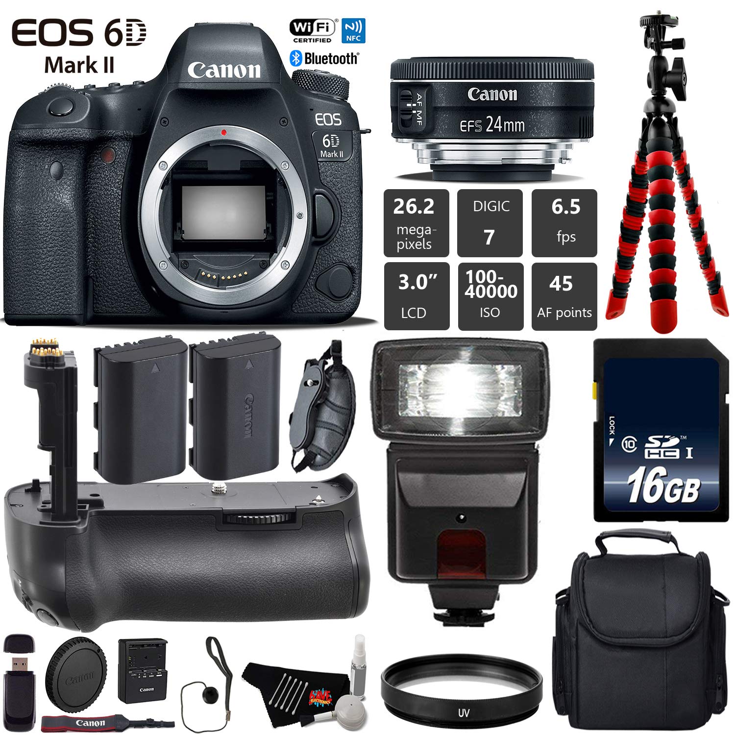 Canon EOS 6D Mark II DSLR Camera With 24mm f/2.8 STM Lens + Professional Battery Grip + UV Protection Filter + Flash Base Bundle